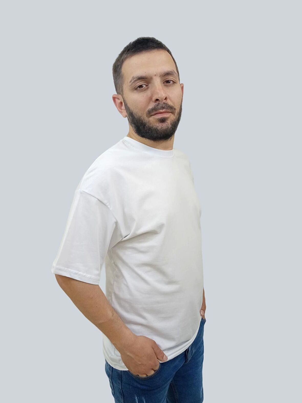 Erkek Simple Bisiklet Yaka Beyaz Tişört