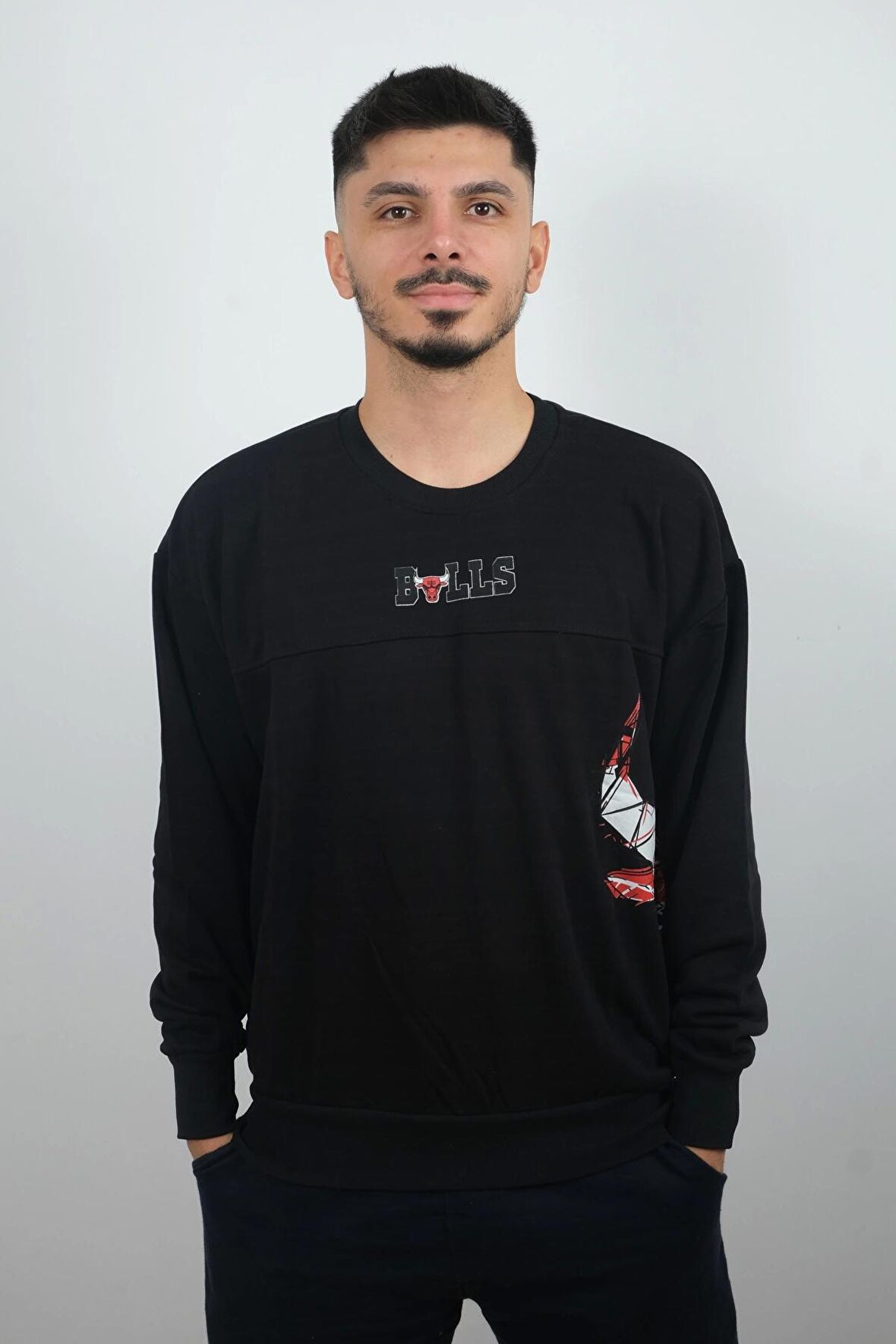 Erkek Sıfır Yaka Bulls Sweatshirt Siyah