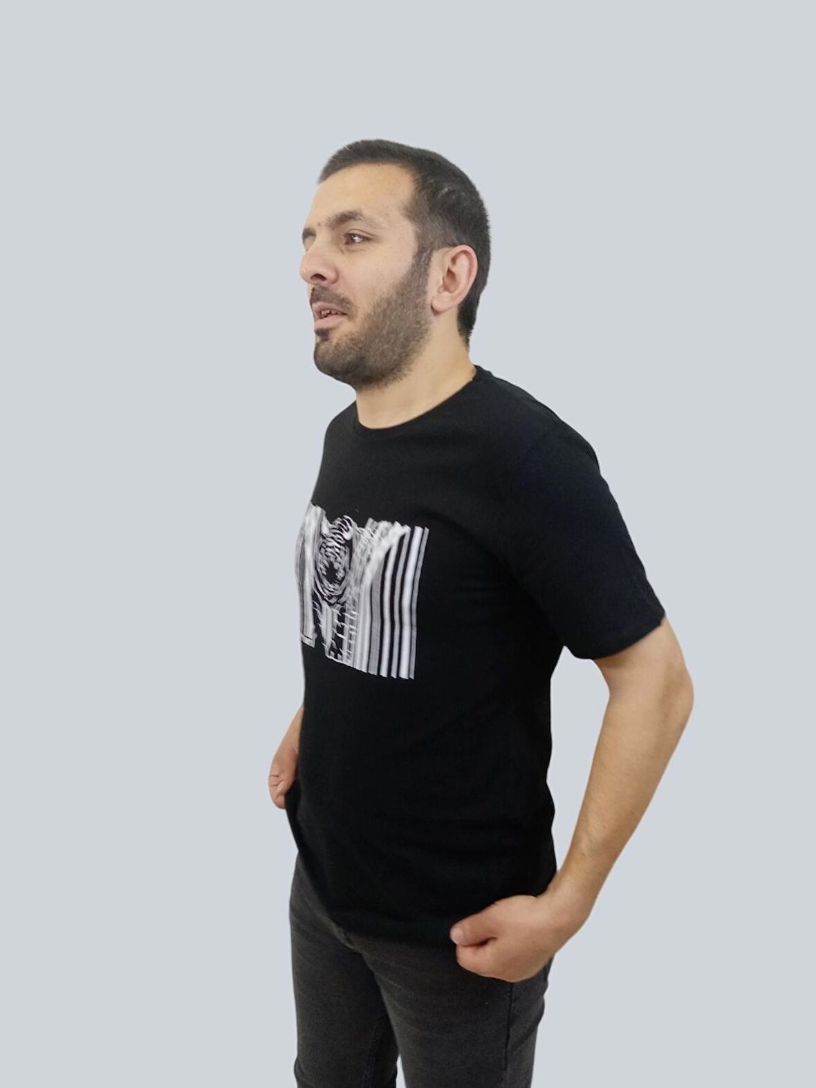 Erkek Tiger Sıfır Yaka Basic Siyah Tişört