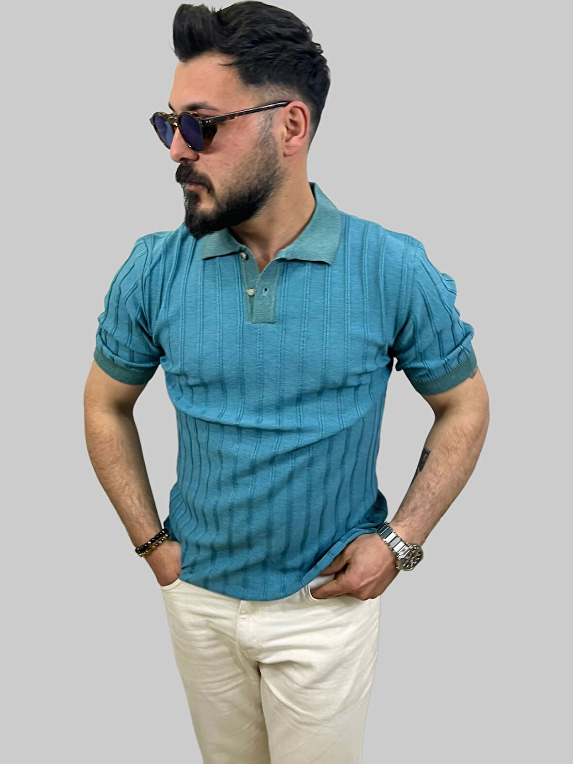 Erkek Çizgili Slim Fit Polo Yaka Mavi Triko Tişört