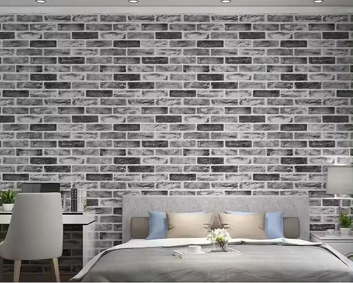 70x70cm 1 Adet Yapışkanlı Dekoratif Tuğla Desen Gri TV Arkası Salon Ofis Duvar Kağıdı Paneli NW169