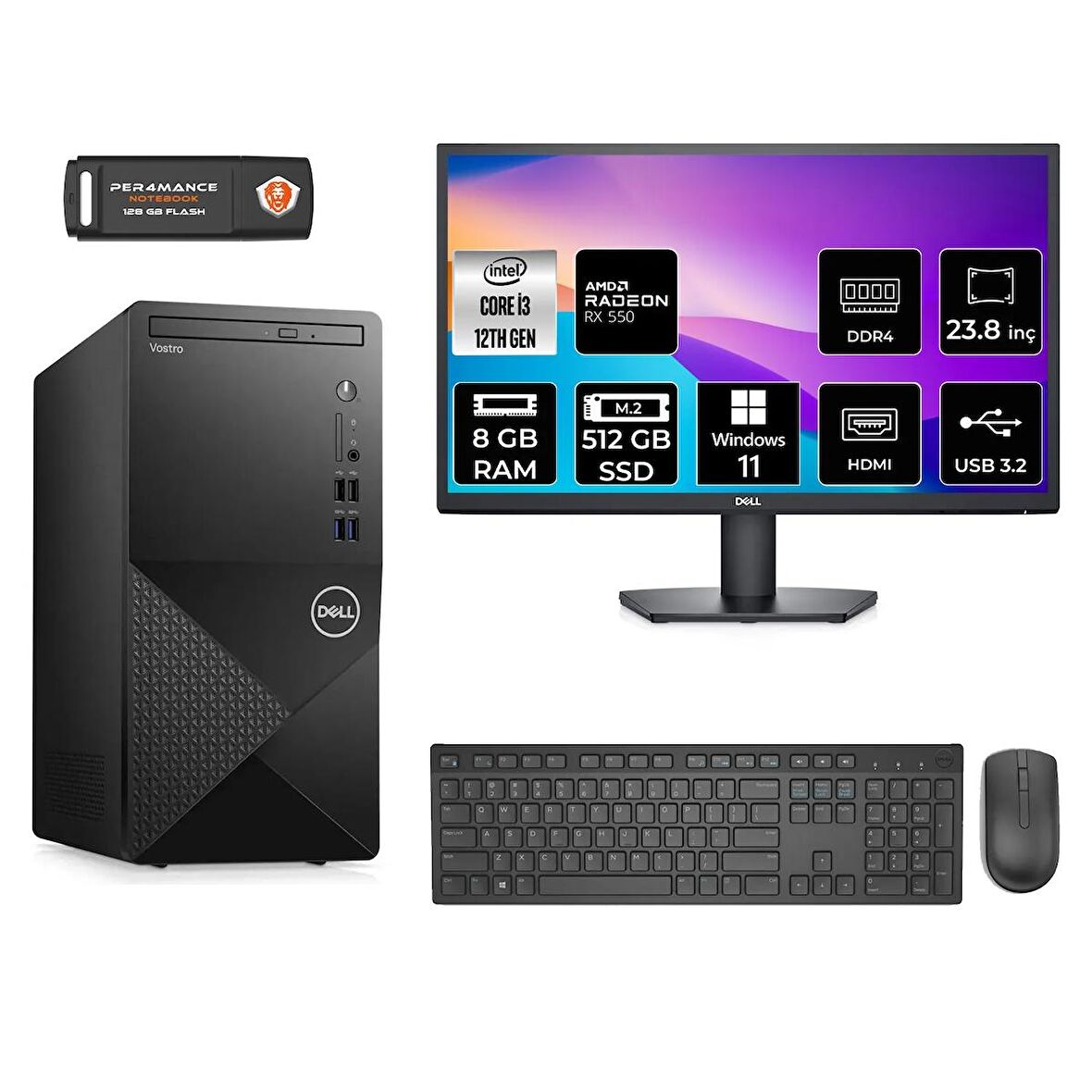 Dell Vostro 3910MT i3 12100 8GB 512GB SSD RX550/4GB W11H N3563VDT3910 MASAÜSTÜ PC & 23.8" MONİTÖR