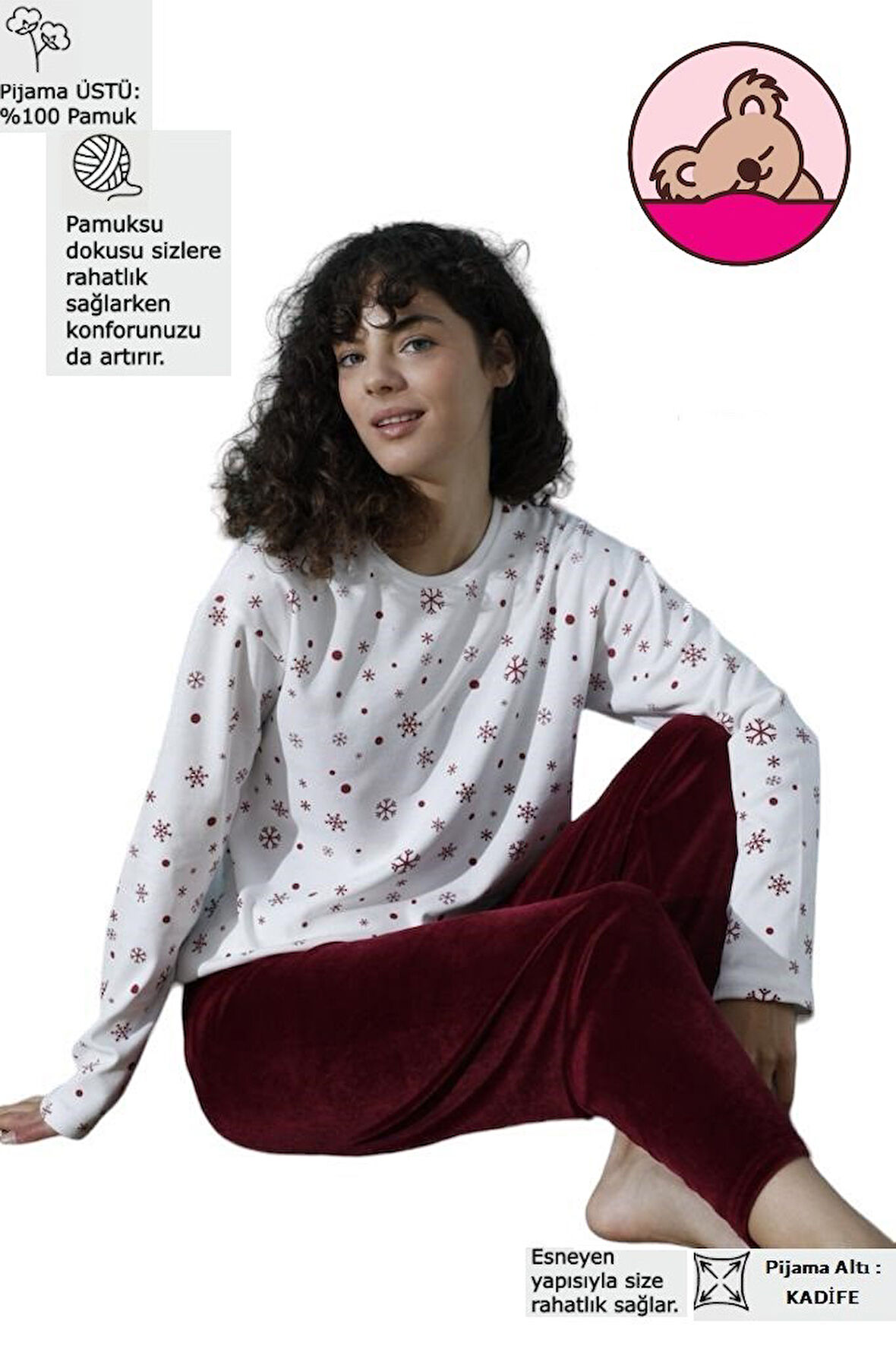 Kadın Bisiklet Yaka Düşük Omuz İnterlok Pamuklu Üst Kadife Alt Kışlık Pijama Eşofman Takım