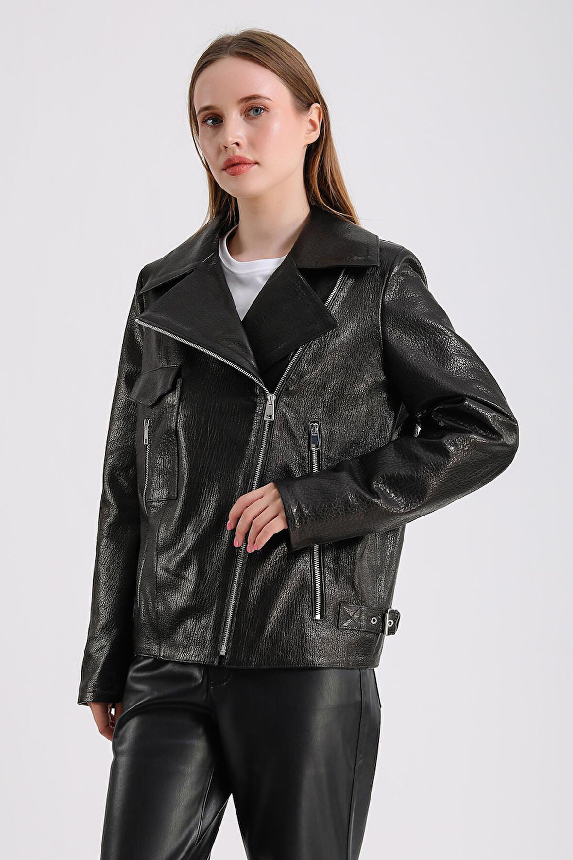 Billie Kadın Siyah Deri Biker Ceket