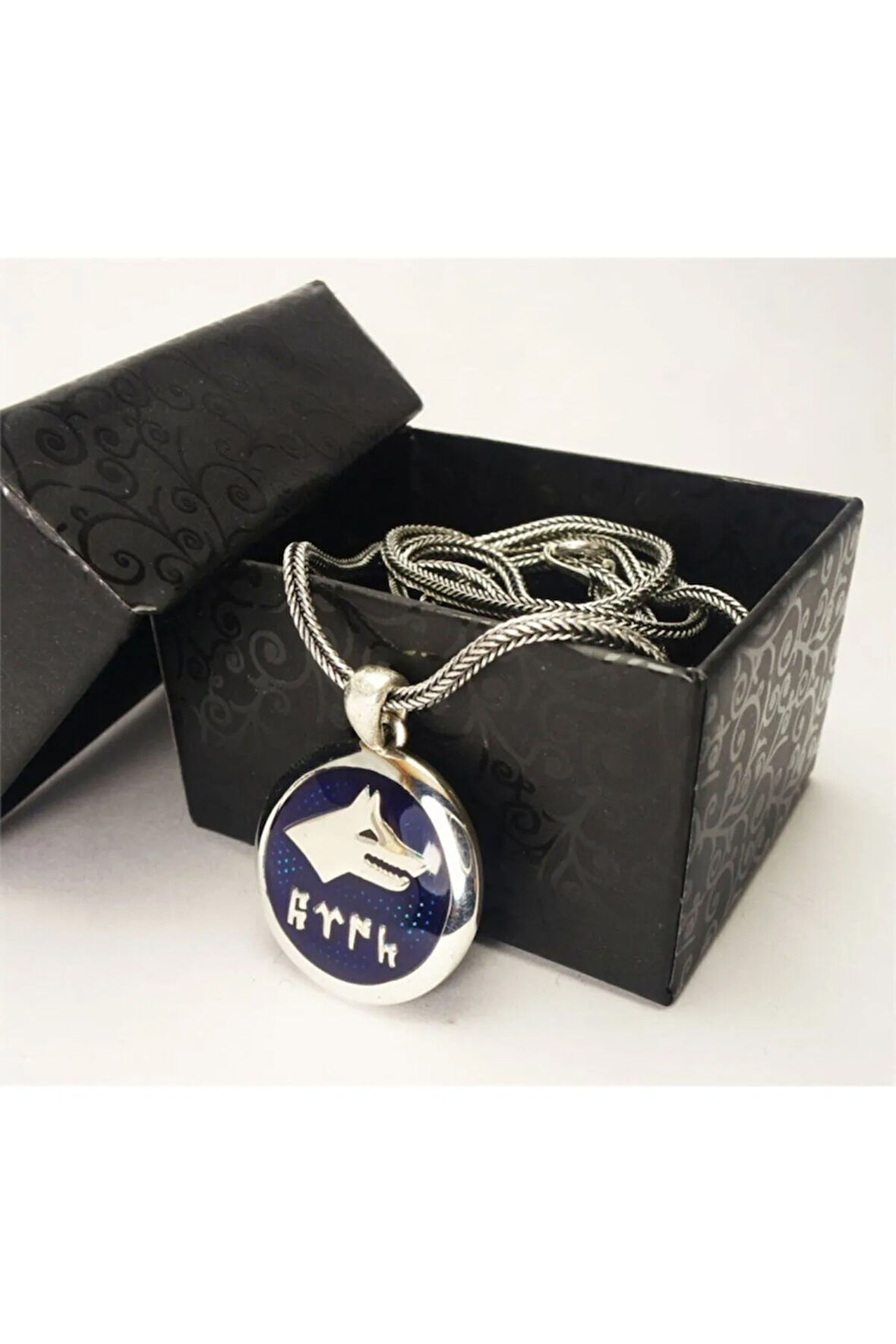 Göktürkçe Türk Yazılı Lacivert Mineli Bozkurt Gümüş Erkek Kolye Zincir