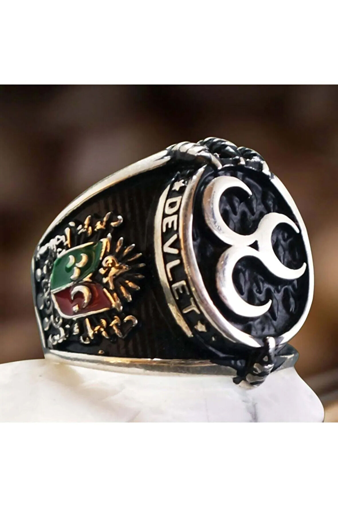 Devlet Ebed Müddet Yazılı Üç Hilalli Erkek Gümüş Yüzük