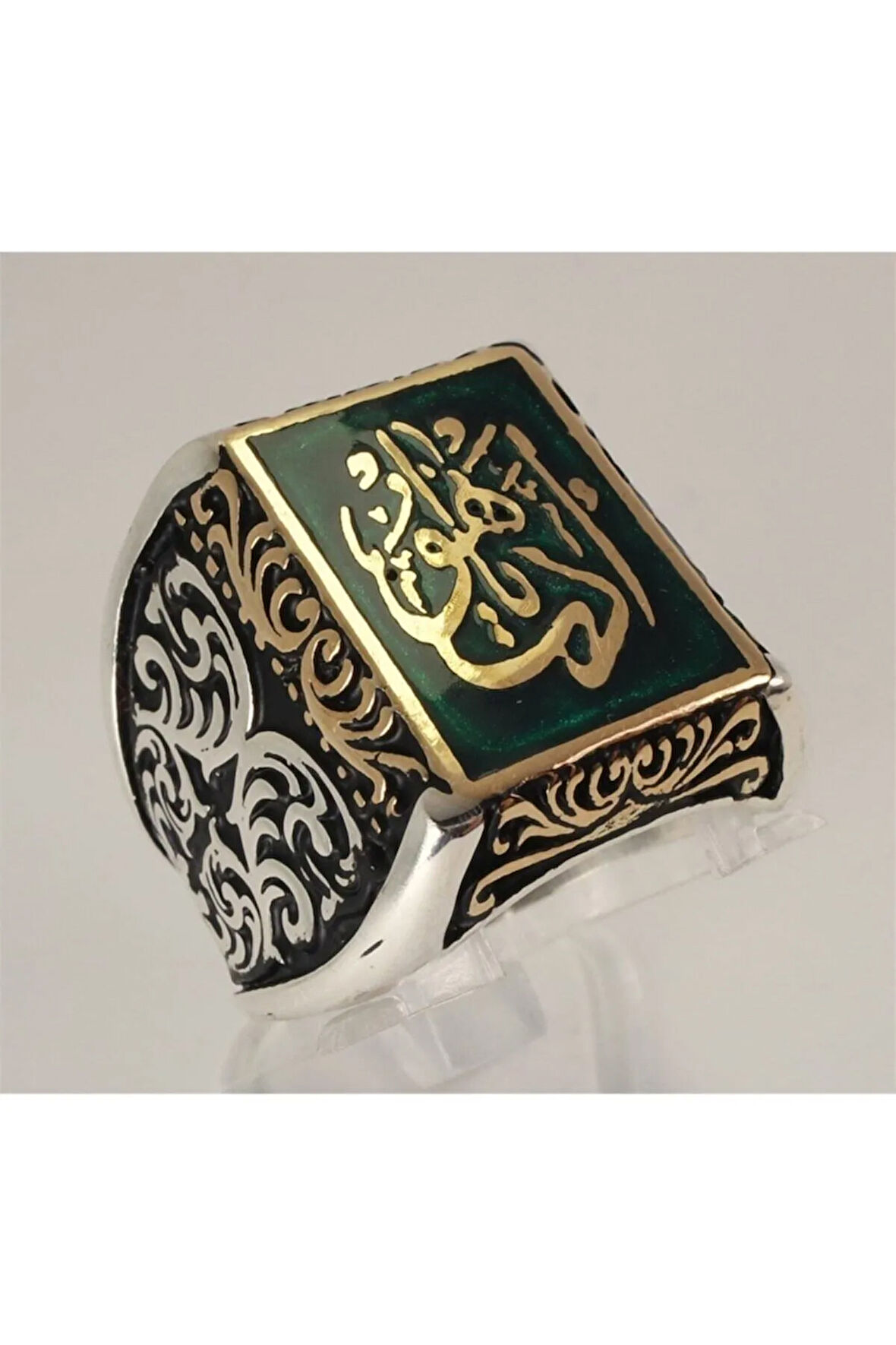 Edep Ya Hu Yazılı Yeşil Mineli Gümüş Erkek Yüzük