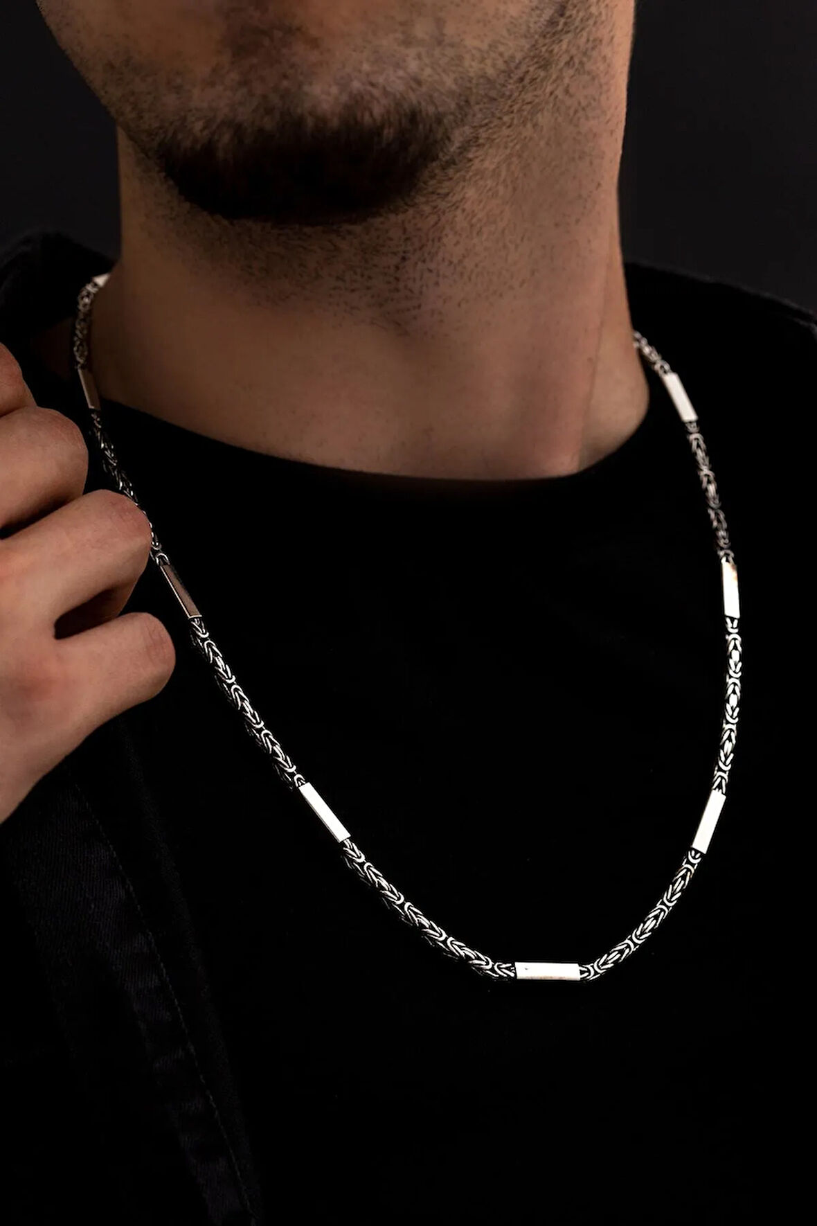 3,5mm Kral Gümüş Erkek Kolye Zincir Kare Parçalı Şarnelli Model