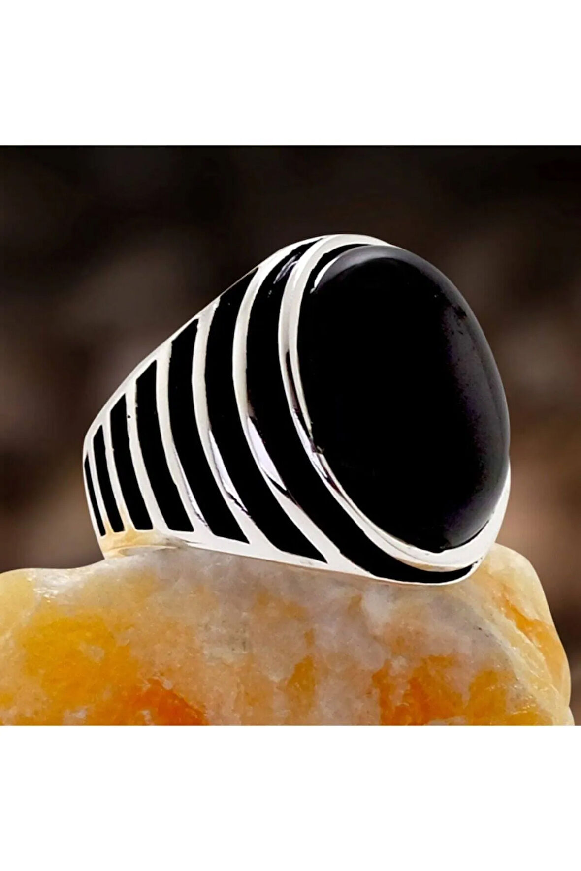 Oval Kesim Siyah Oniks Taşlı Erkek Gümüş Yüzük
