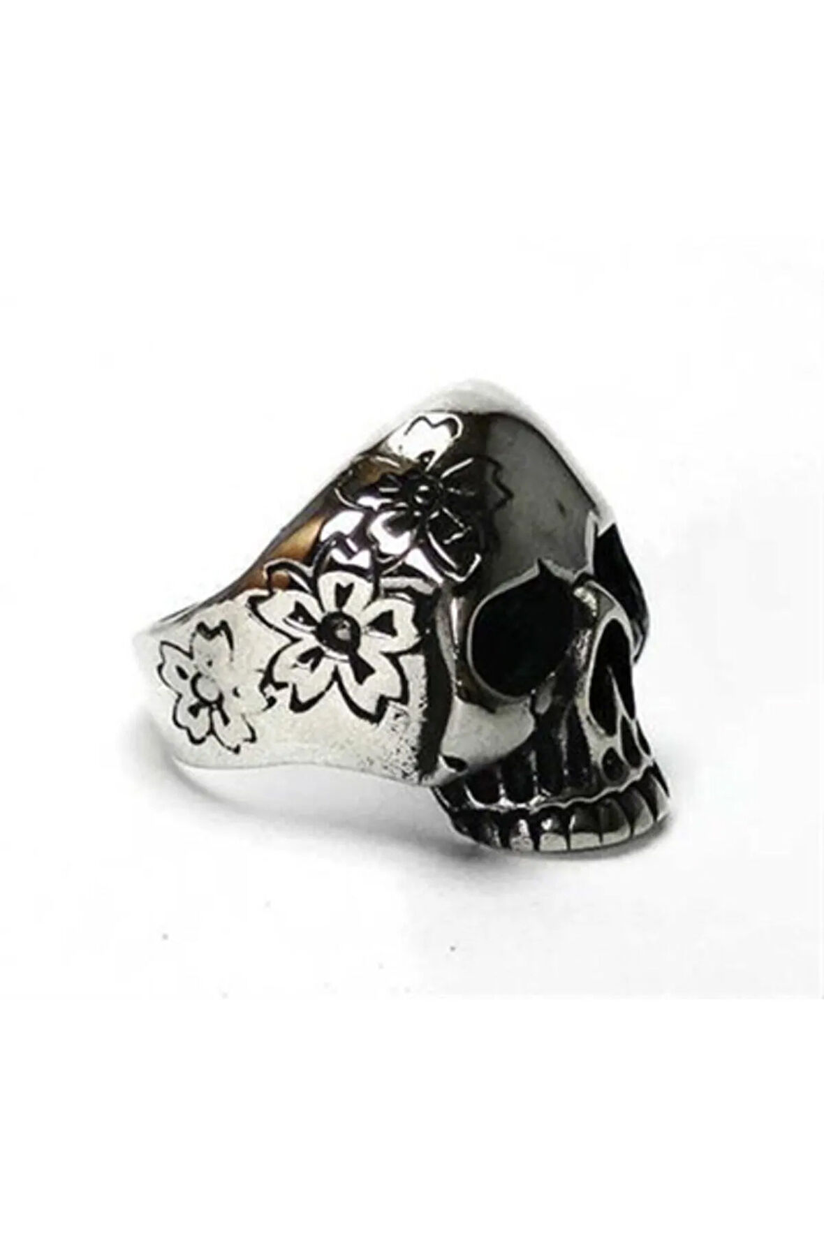 Çiçekli Kurukafa Gotik Gümüş Erkek Yüzüğü