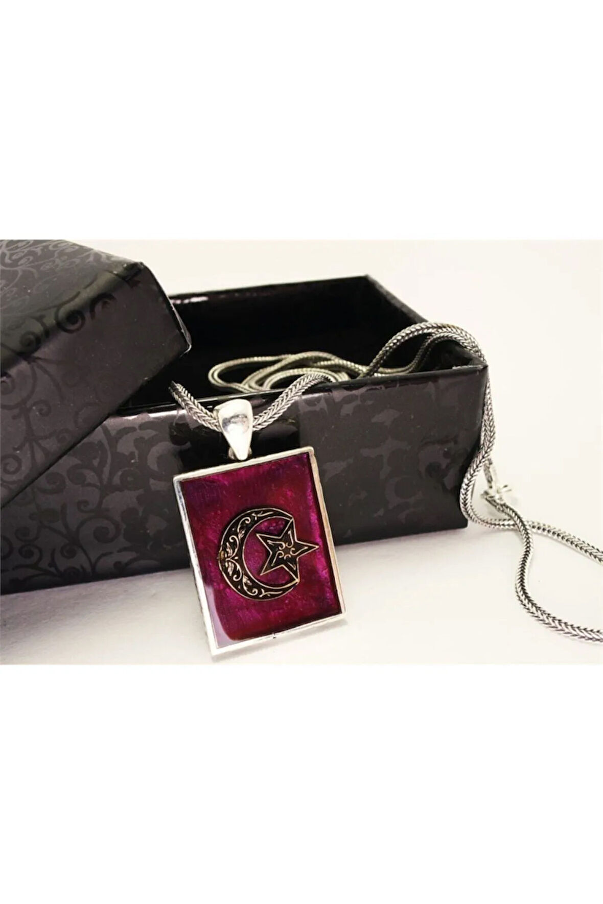 Bordo Mineli Lila Erkek Gümüş Kolye Zincir Orta Boy