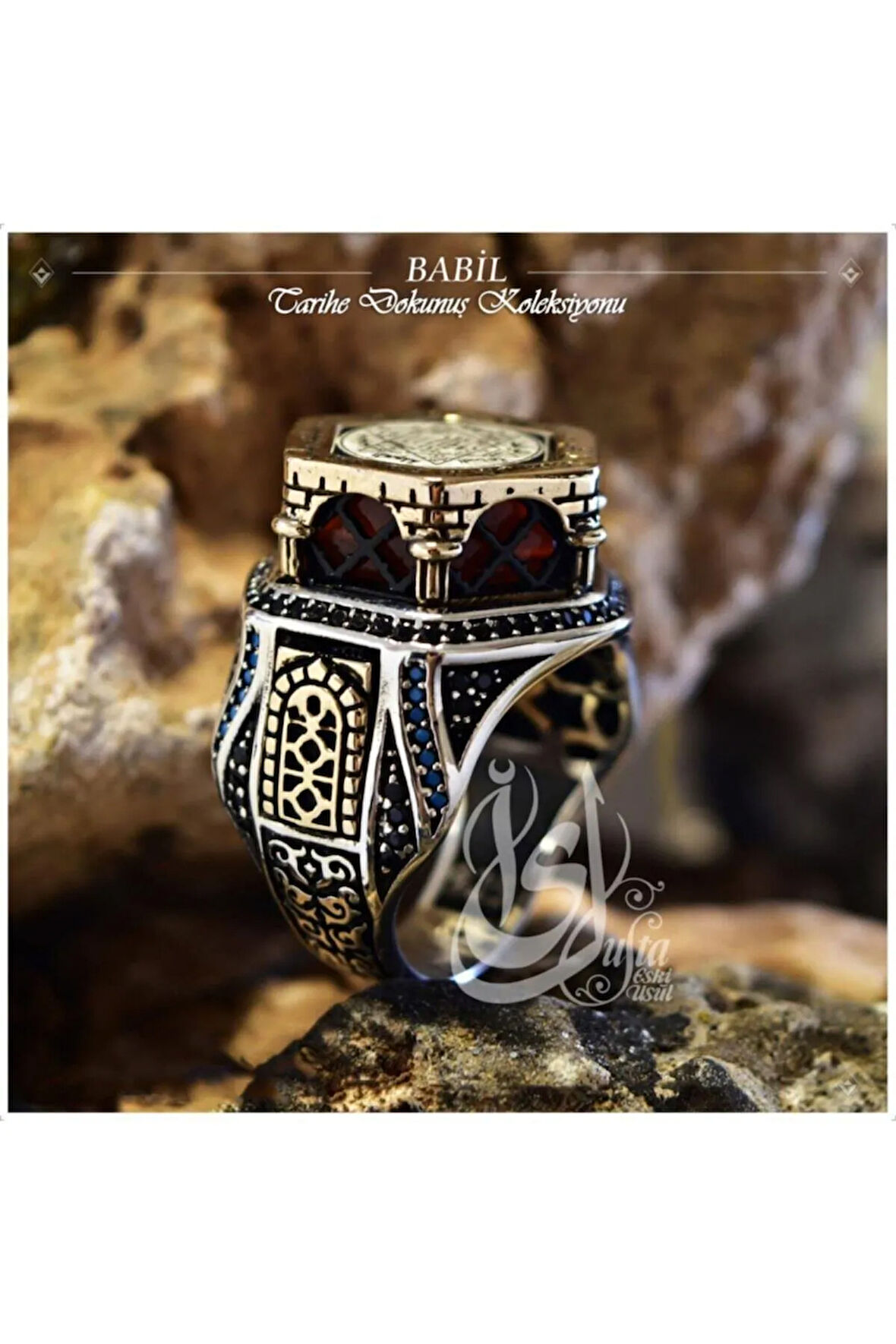 Islam Usta Tasarımı Babil Temalı Gümüş Erkek Yüzük