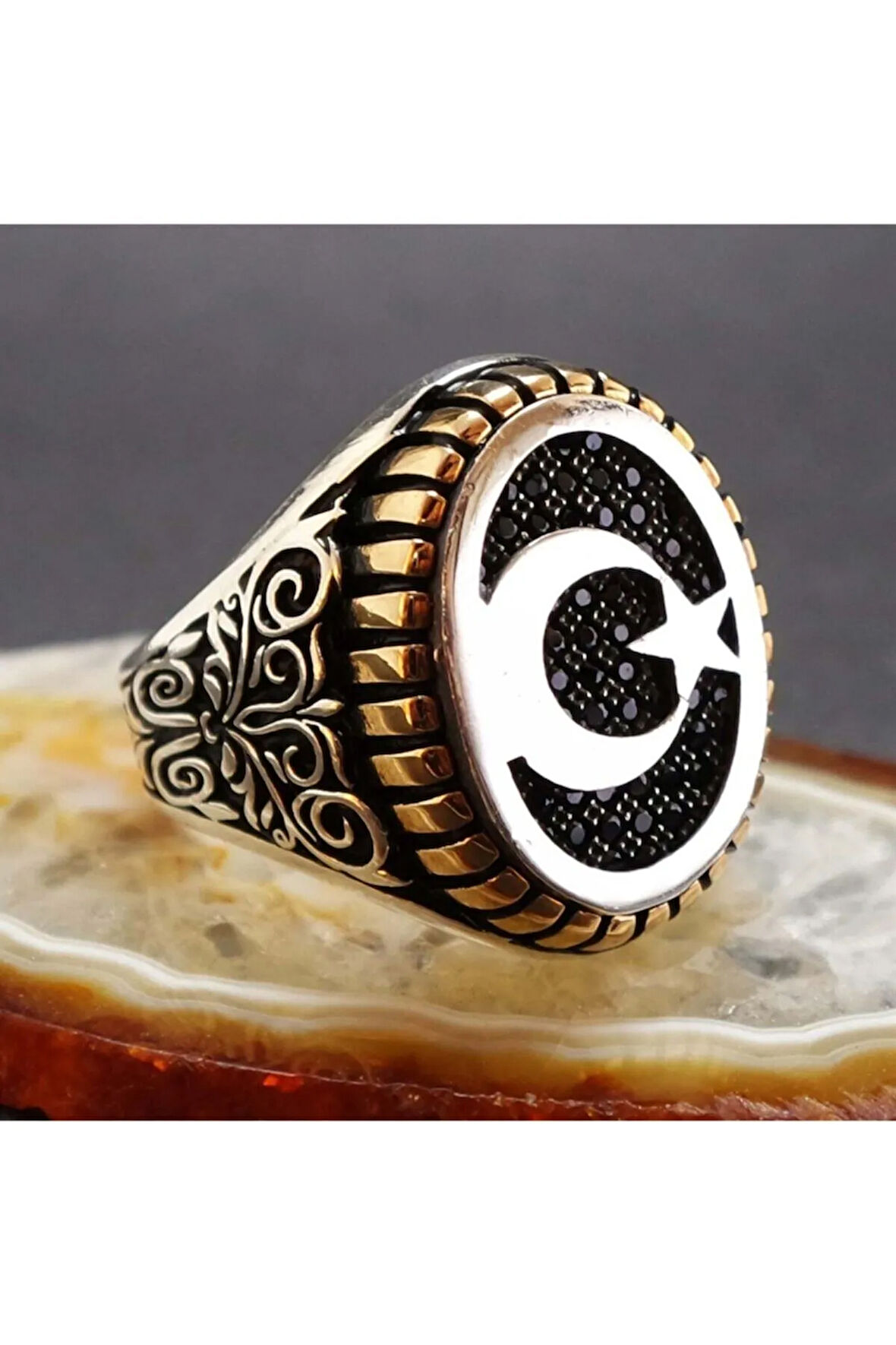 Nano Taşlı Ayyıldız Erkek Gümüş Yüzük