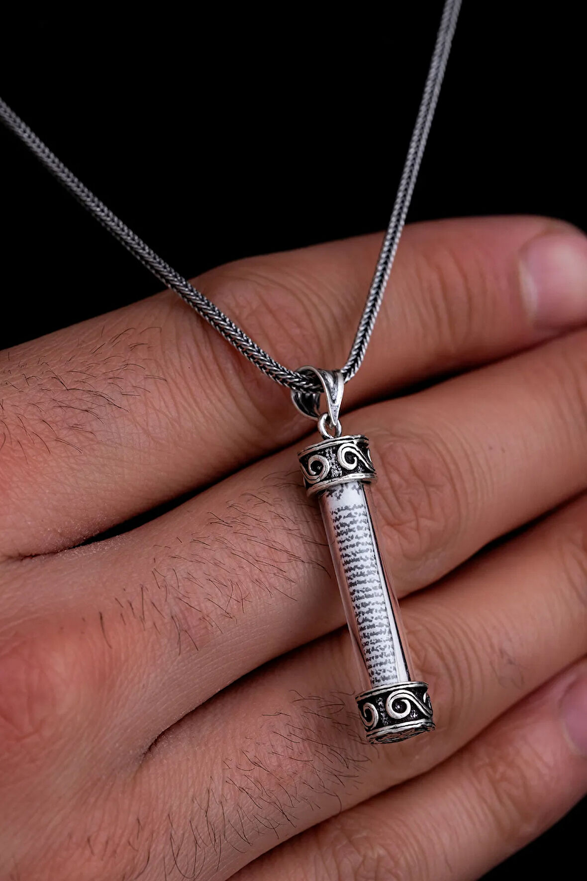 Camlı Gümüş Cevşen Muska Erkek Kolye Zincir