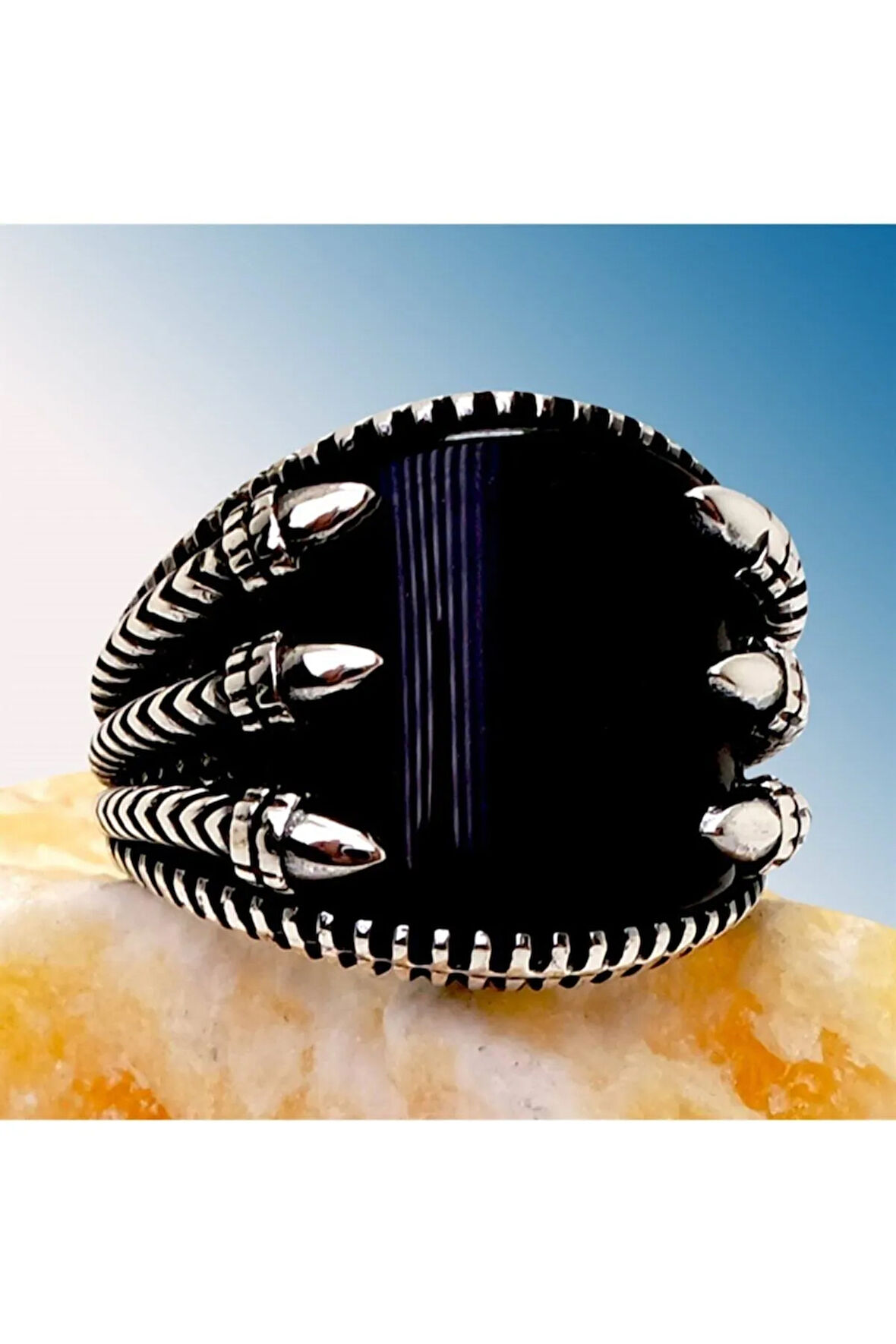 Siyah Oniks Taşlı Pençe Erkek Gümüş Yüzük