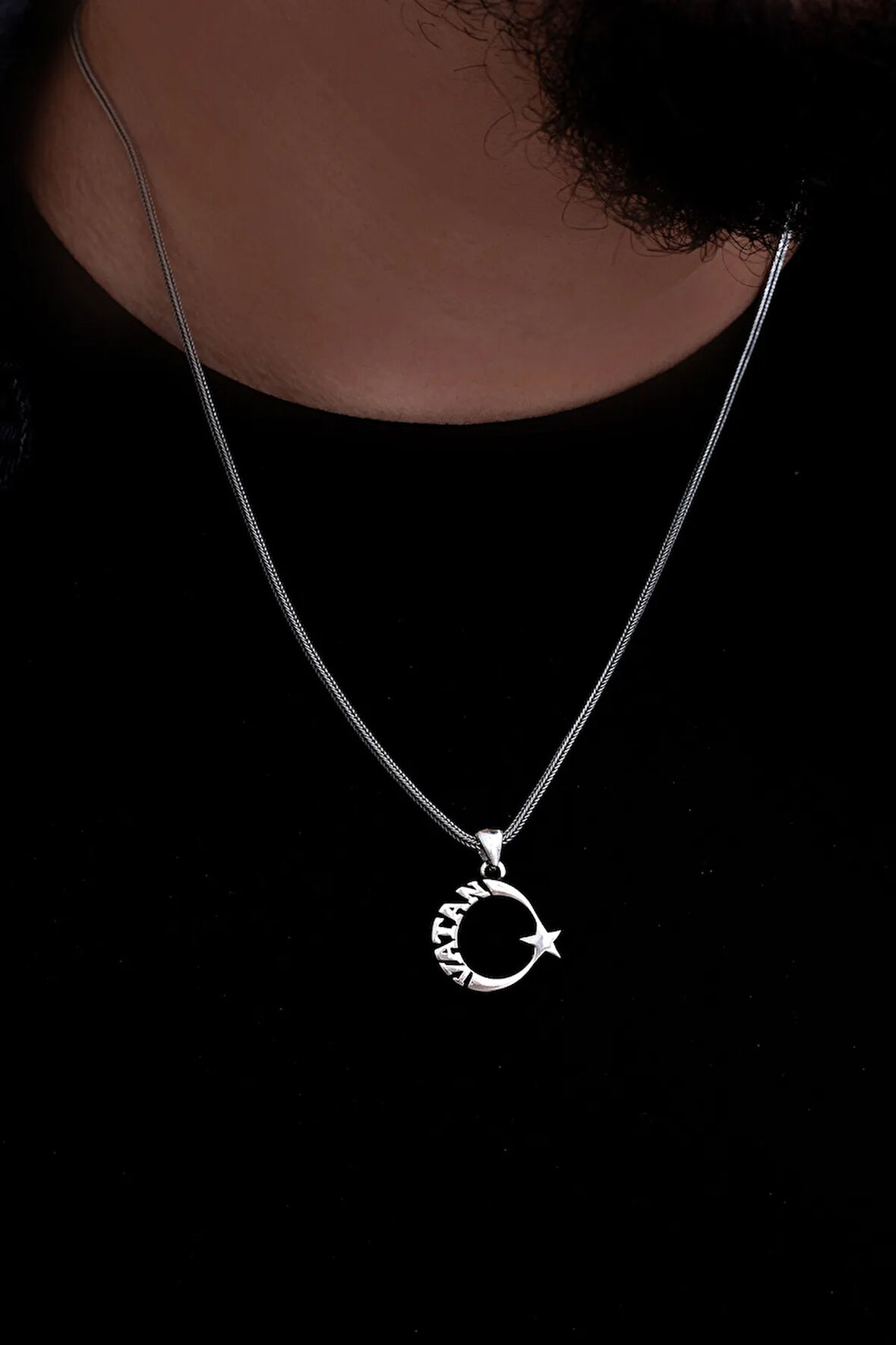 Yeni Model Vatan Yazılı Lila Türk Bayrağı Erkek Gümüş Kolye Zincir