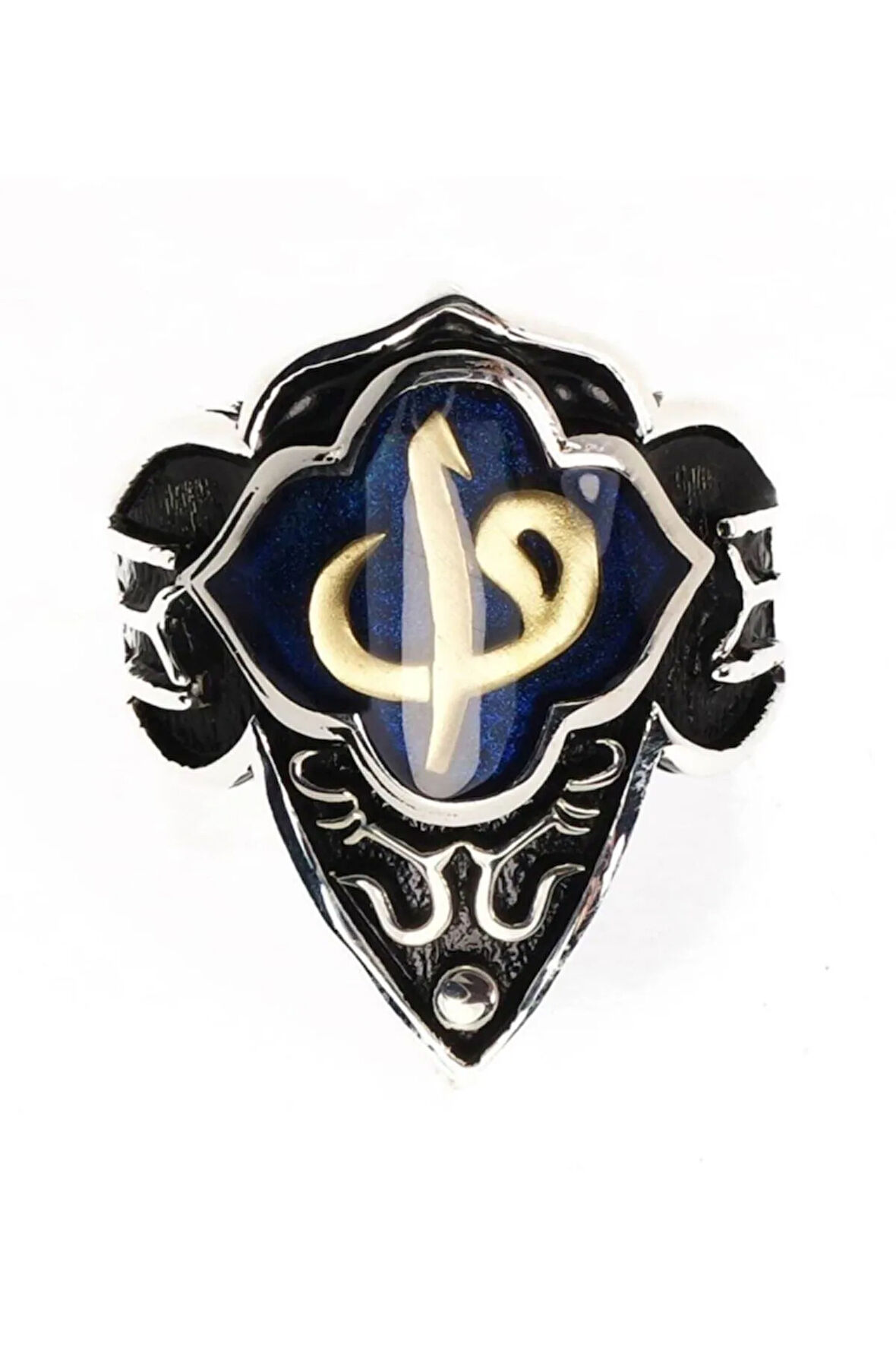 Gümüş Erkek Zihgir Başparmak Yüzük Mavi Vav Elif Model