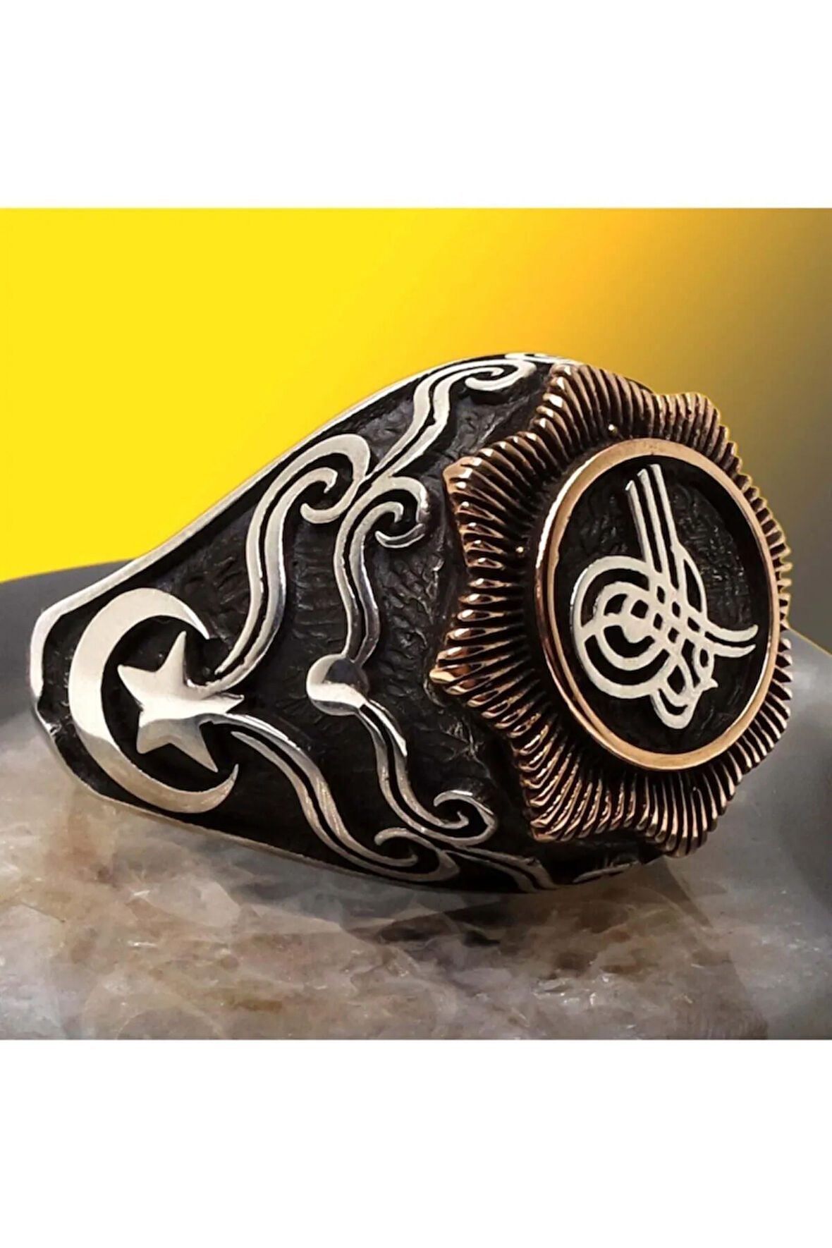 Tuğralı Ayyıldız Işlemeli Gümüş Erkek Yüzük