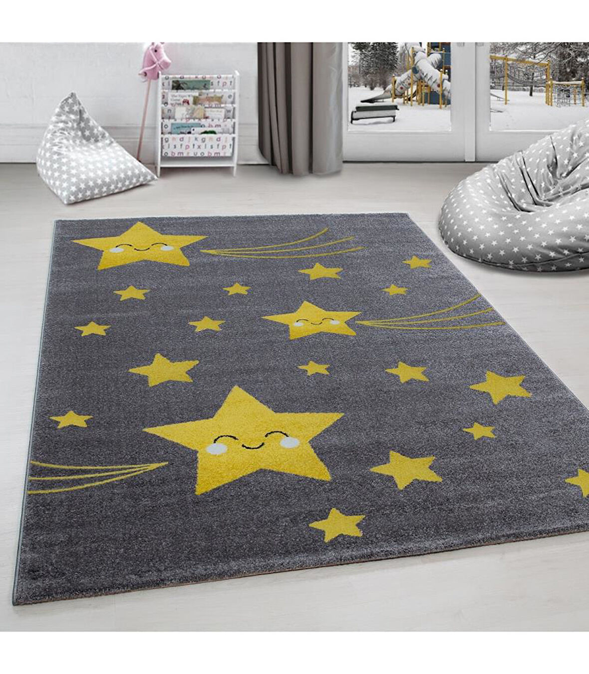Sevimli Yıldız Desenli Soft Çocuk odası halısı Gri Sarı renkli