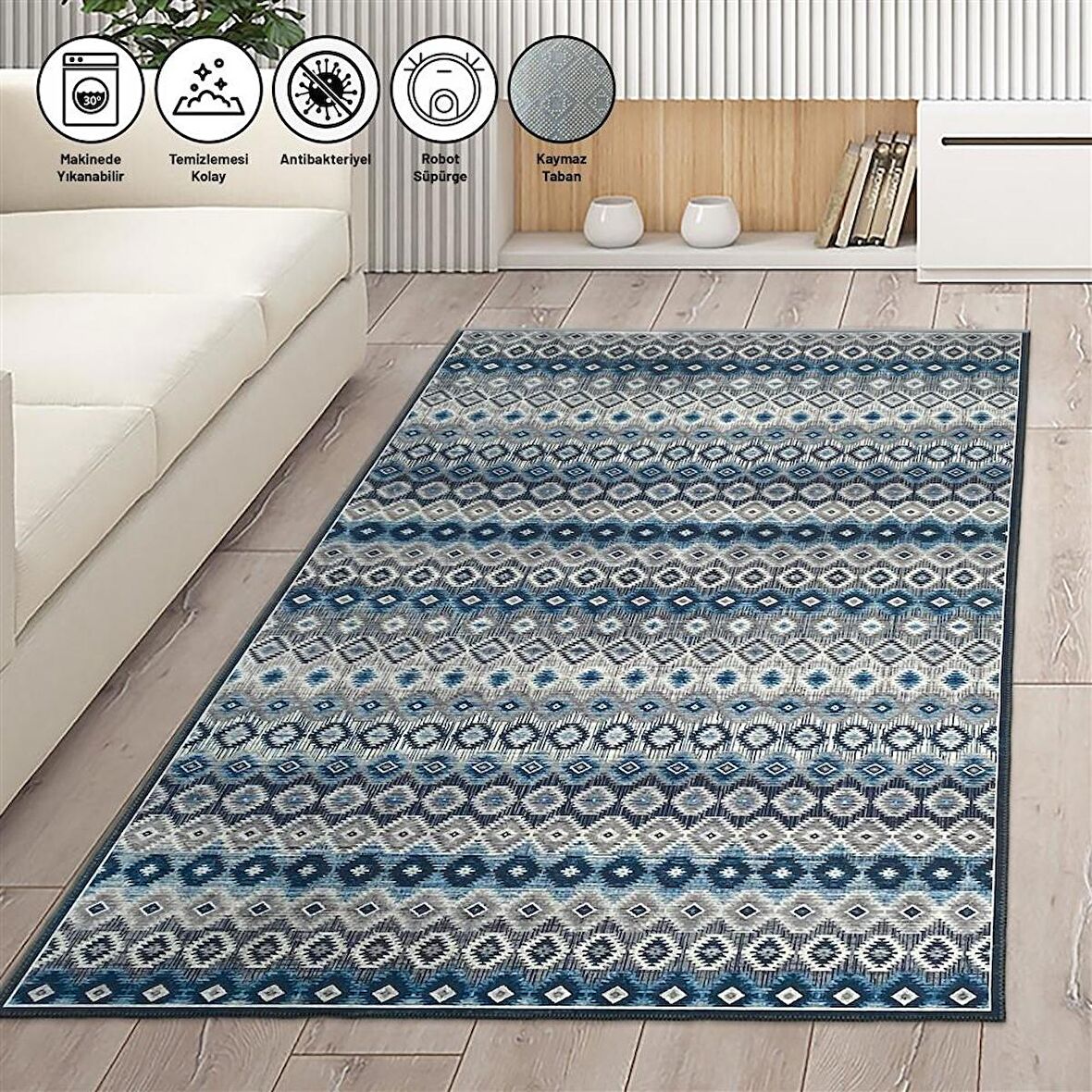 Modern İskandinav Kilim desenli Mavi Gri Halı Kaymaz Taban Makinada Yıkanabilir