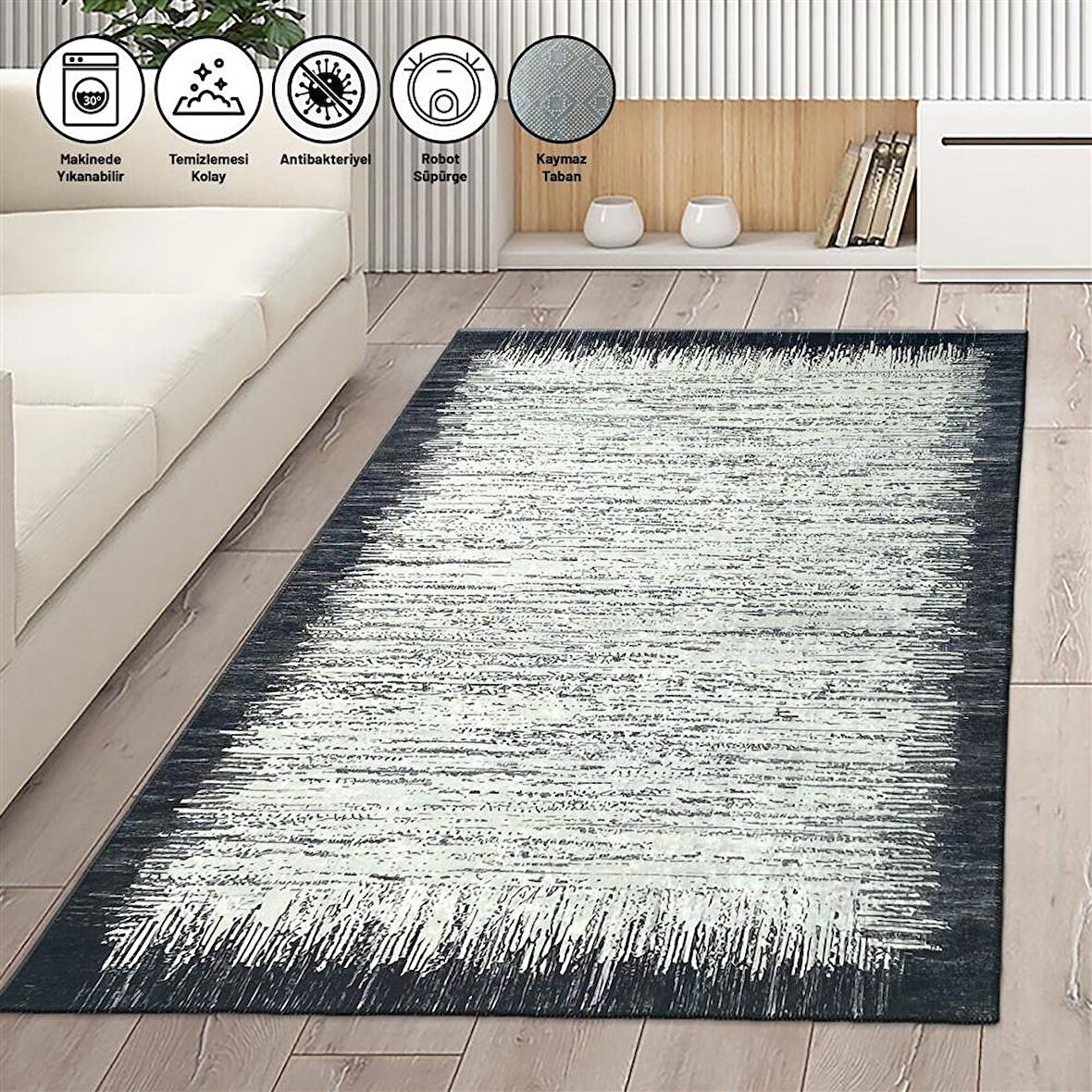 Modern Abstrak Yağmur Bordür Desenli Siyah Beyaz Halı Kaymaz Taban Makinede Yıkanabilir