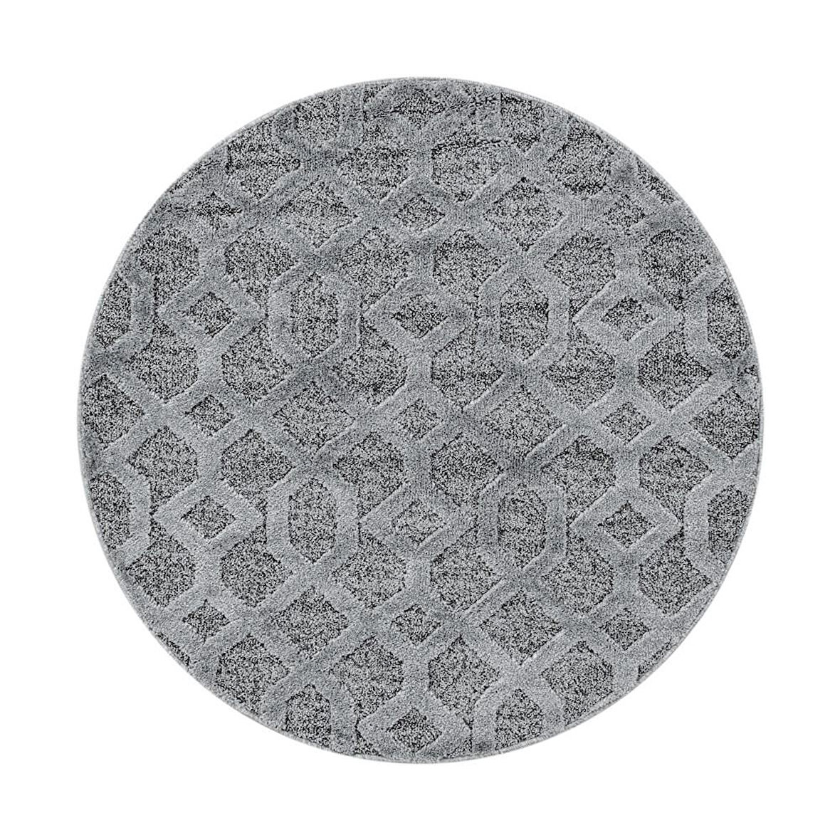 Yuvarlak Halı Yumuşak Bukle Tabanlı Modern Kabartmalı 3D Izgara Desenli Krem Gri Renkli Halı