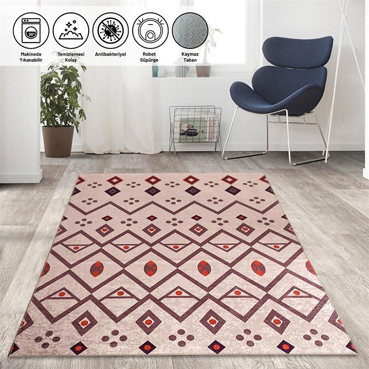 İskandinav Kilim Tarzı Bej Kırmızı Tonlarda Halı Kaymaz Taban Makinede Yıkanabilir