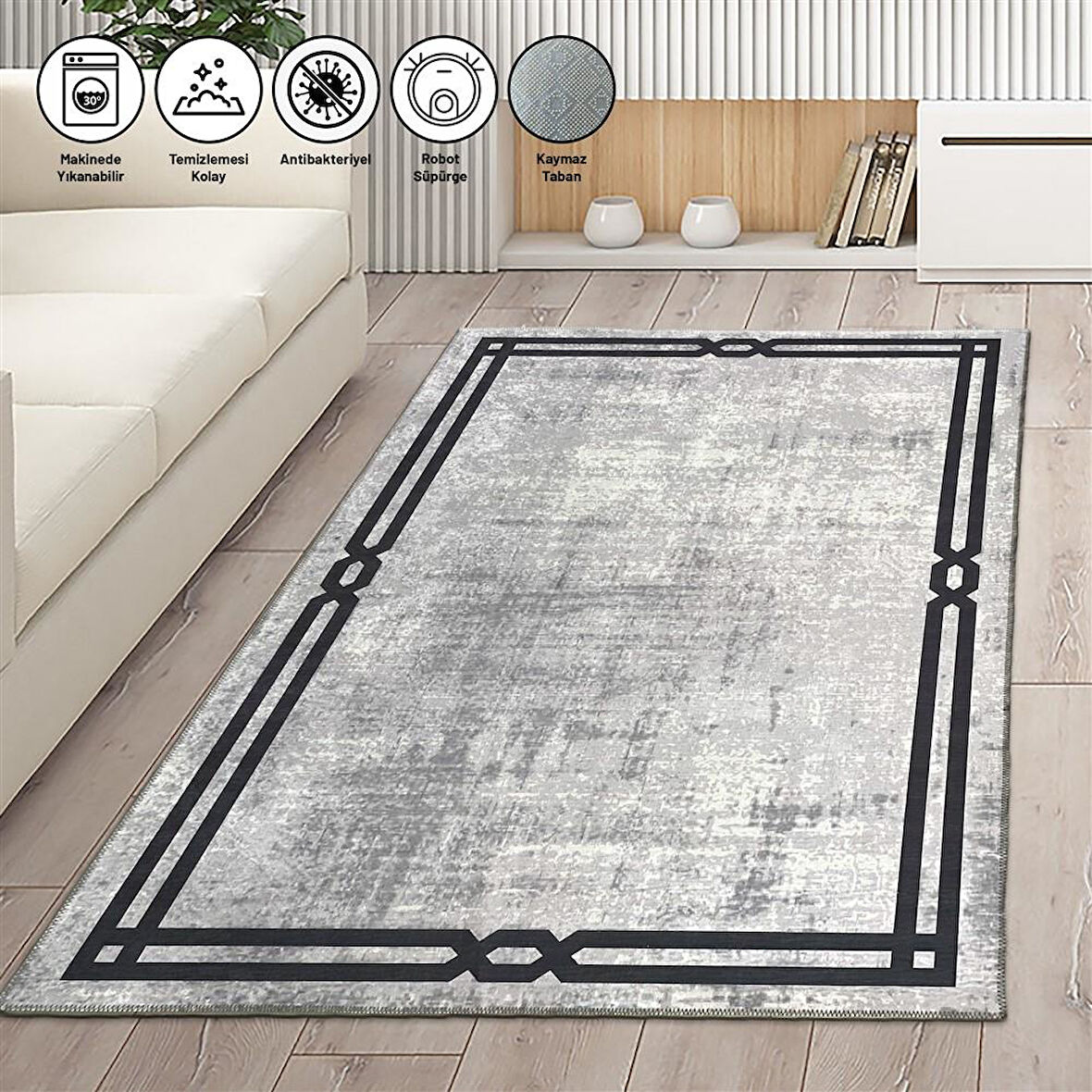 Modern Abstrak Bordür desenli Salon Mutfak Oda Halısı Siyah Gri Halı Kaymaz yıkanabilir