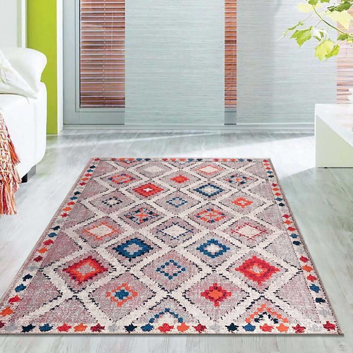 El dokuma yün Kilim görünümlü Bej Krem Halı Kaymaz Yıkanabilir