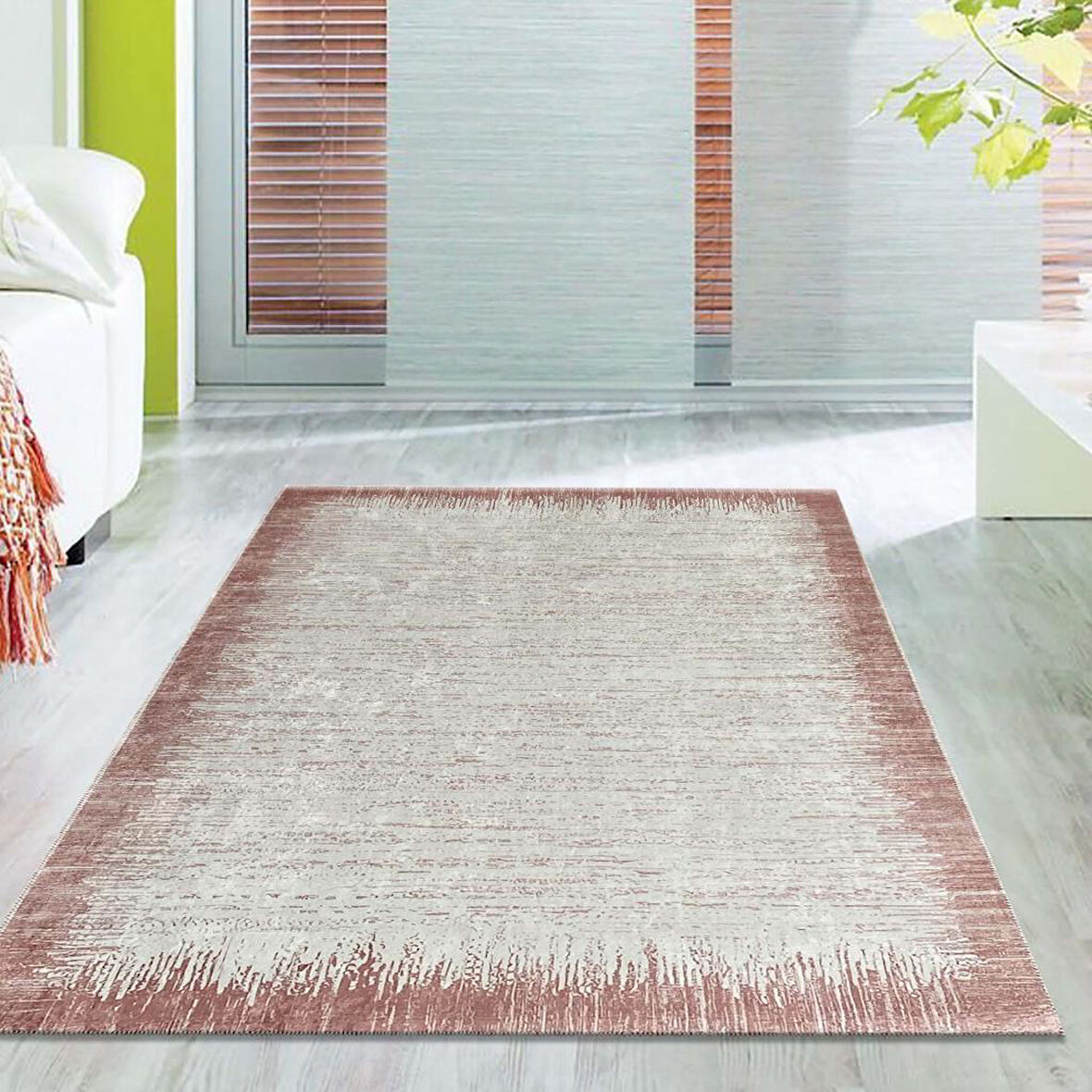 Modern abstrak yağmur bordür desenli Rose Beyaz Halı Kaymaz Yıkanabilir