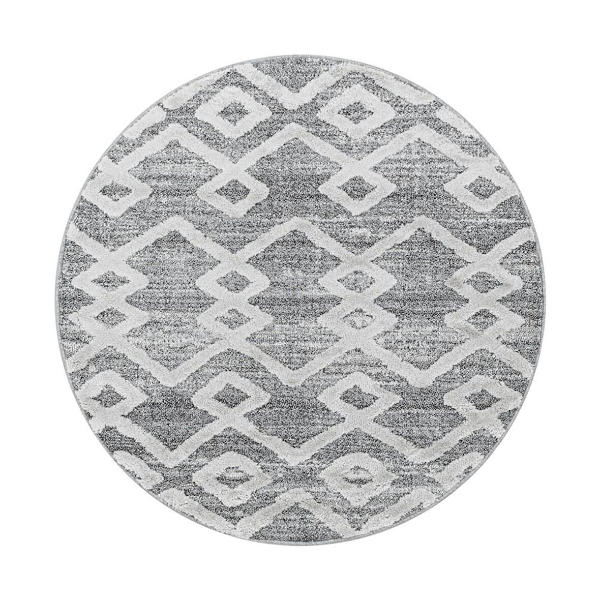 Yuvarlak Halı Yumuşak Bukle Tabanlı Modern Kabartmalı 3D INKA Motif Desenli Krem Gri Renkli Halı