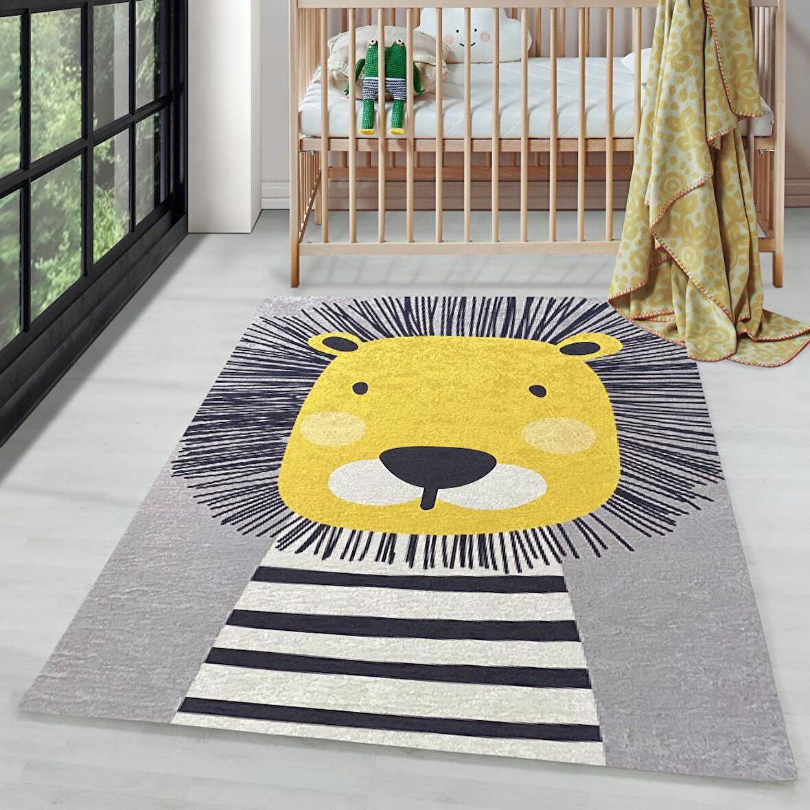 Çocuk Bebek Halısı Sevimli Aslan desenli Gri Halı Yıkanabilir Kaymaz Taban