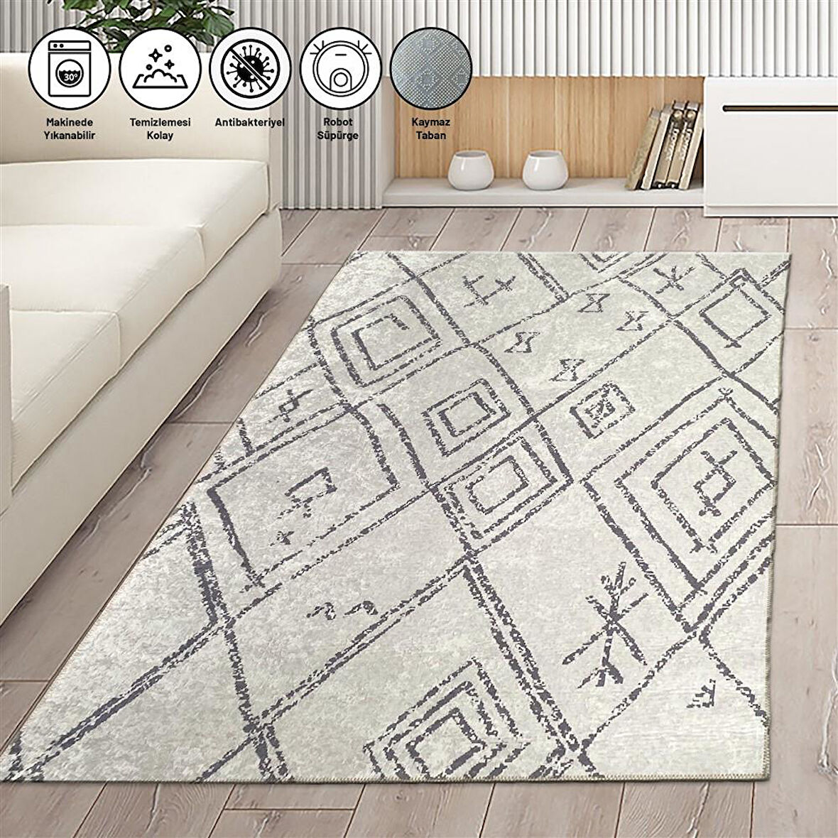 İskandinav Geometrik desenli Krem Halı Kaymaz Yıkanabilir