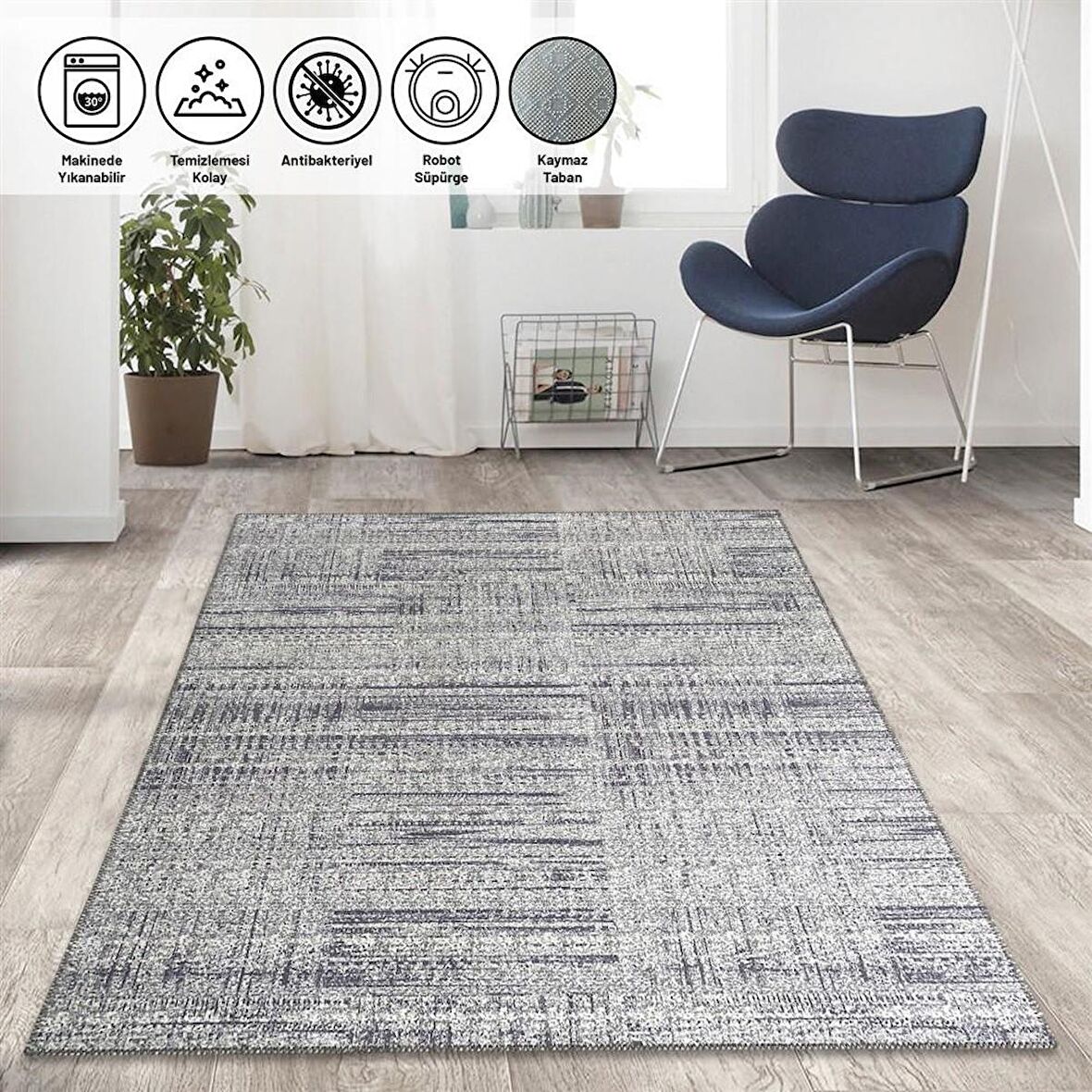 Modern Abstrak Çizgi Taramalı Gri Halı Kaymaz Taban Makinede Yıkanabilir