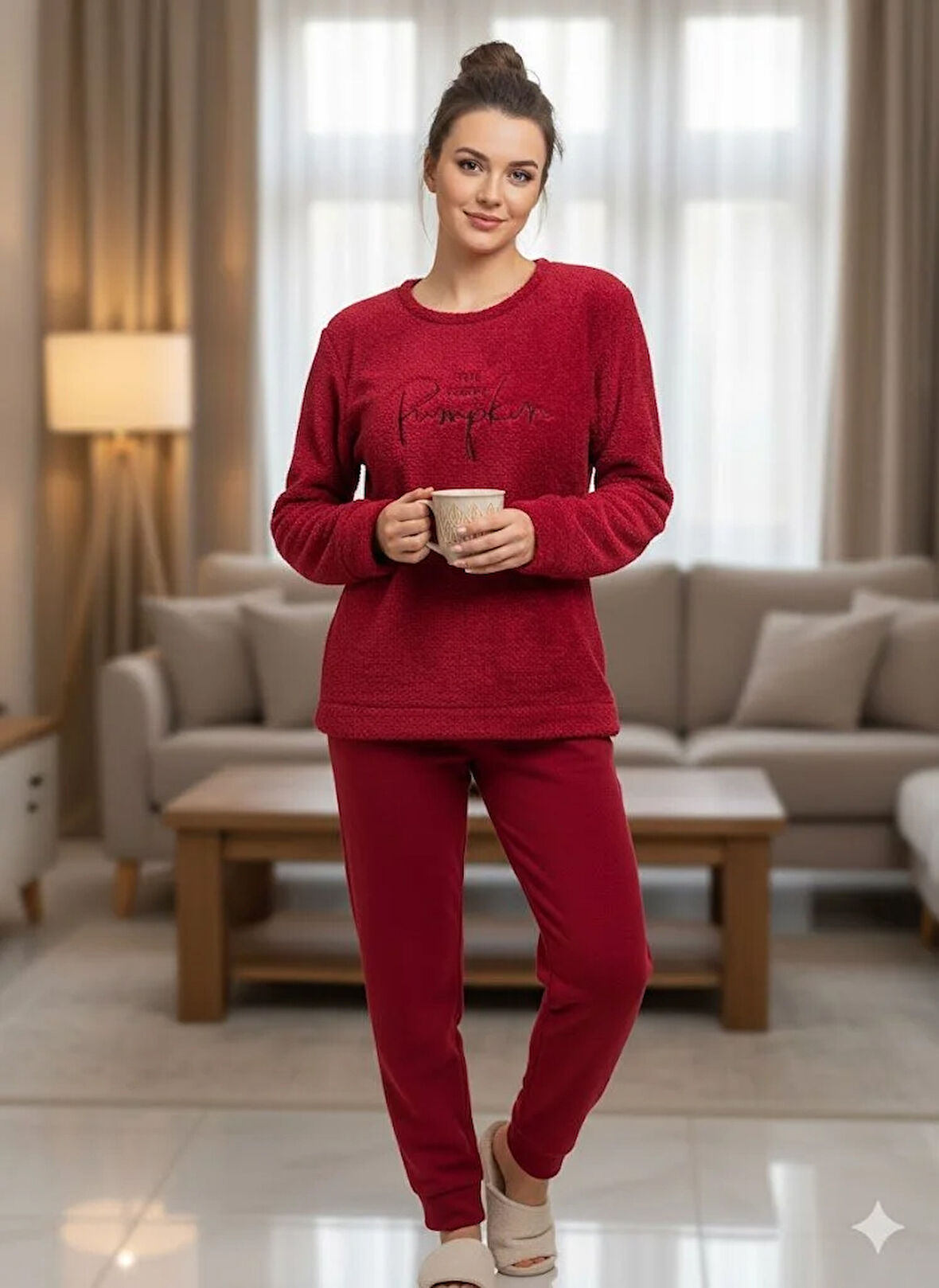 KADIN BORDO POLAR PİJAMA TAKIM