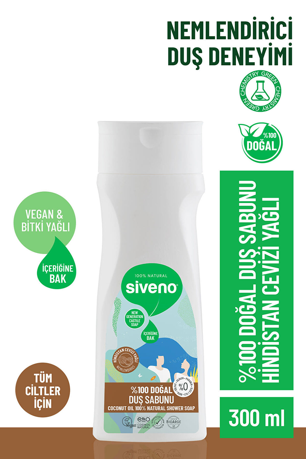 Siveno %100 Doğal Duş Sabunu Hindistan Cevizli Kokulu Nemlendirici Duş Jeli 5 Değerli Bitki Vegan 300 ml