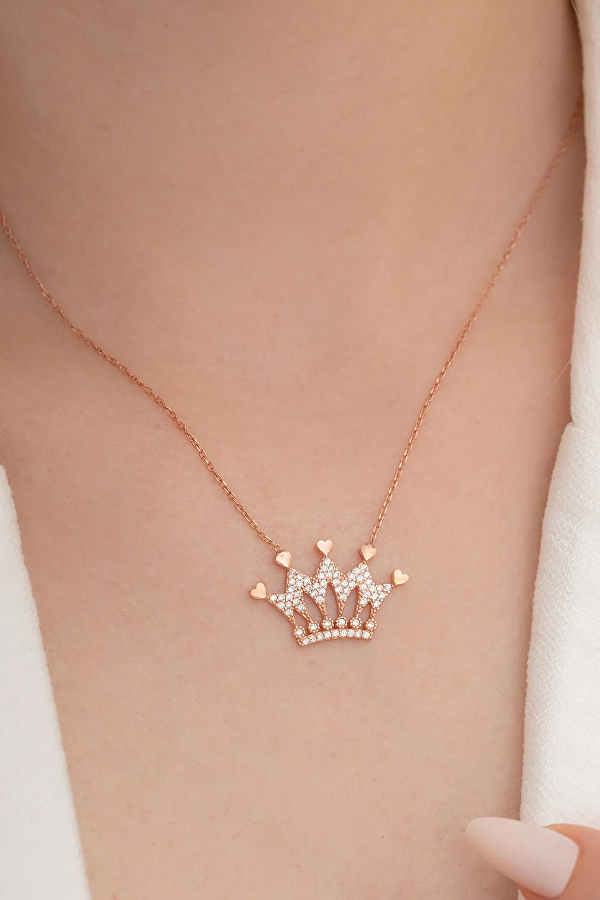Zirkon Taşlı Rose Renk Kalpli Kral Tacı Kadın Gümüş Kolye Gklkrltcım1-ros