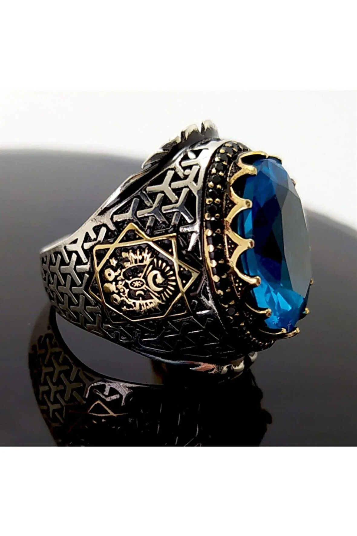Osmanlı Armalı Aqua Marine Taşlı Gümüş Erkek Yüzük