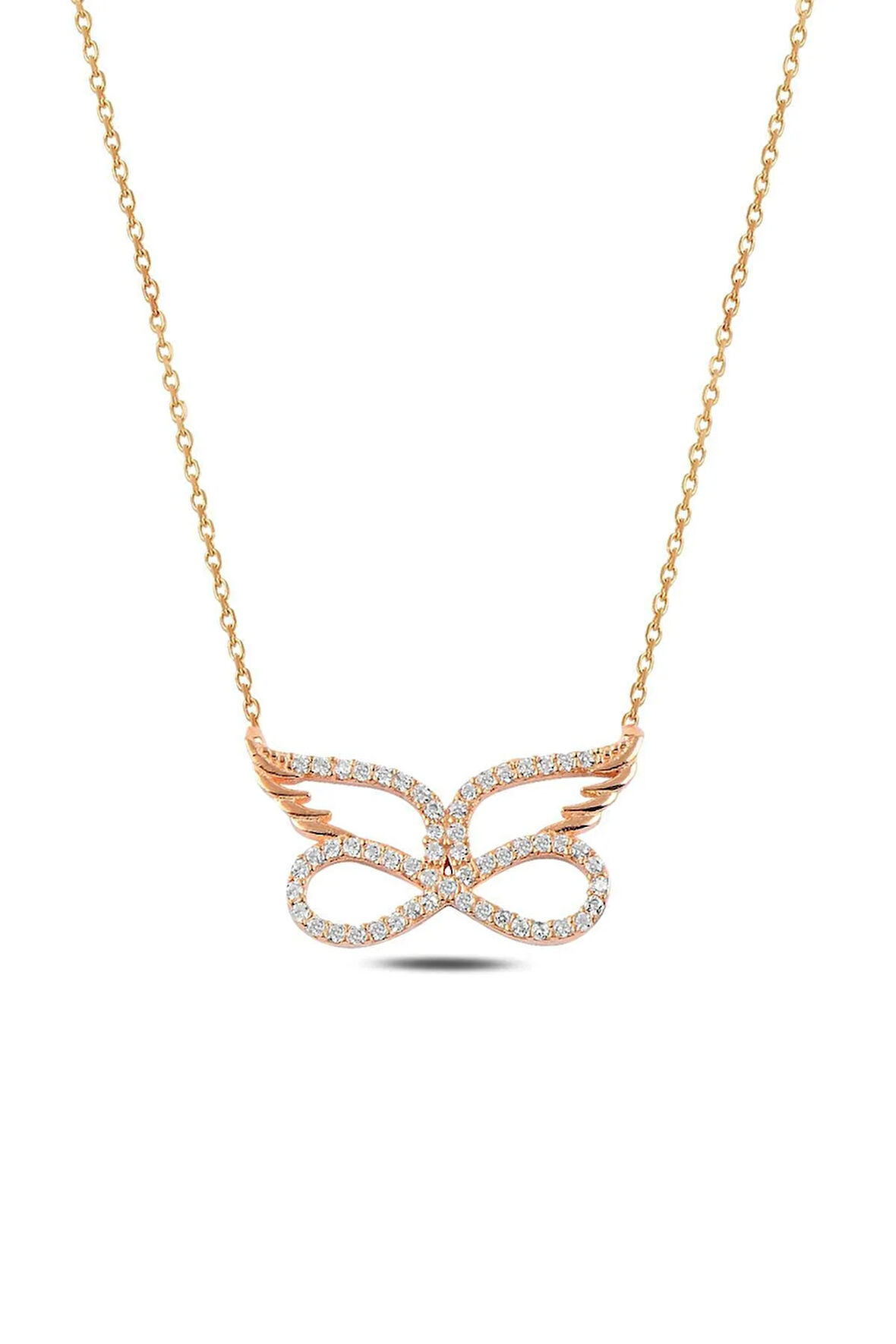 Zirkon Taşlı Rose Renk Melek Kanatlı Sonsuzluk  Gümüş Kolye Gklsnszlkm3-ros