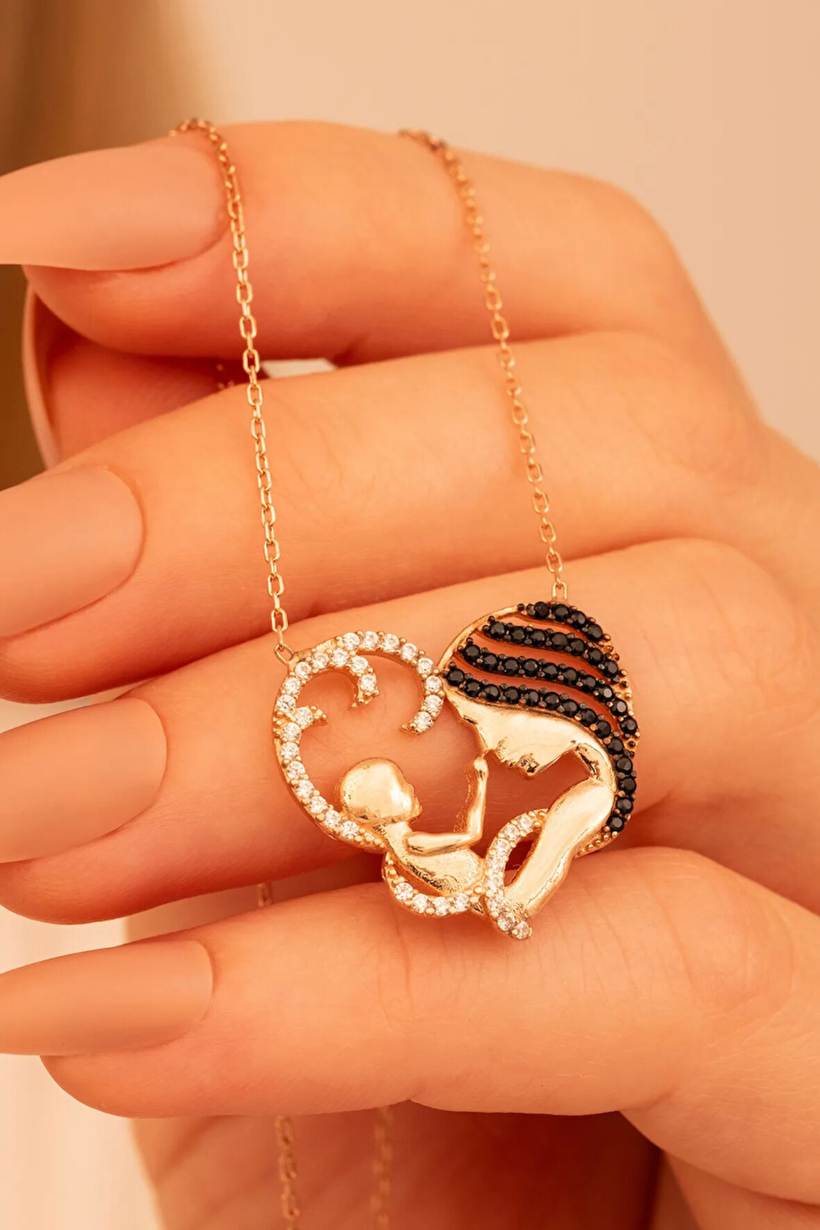 Zirkon Taşlı Rose Renk Anne Bebek Kadın Gümüş Kolye