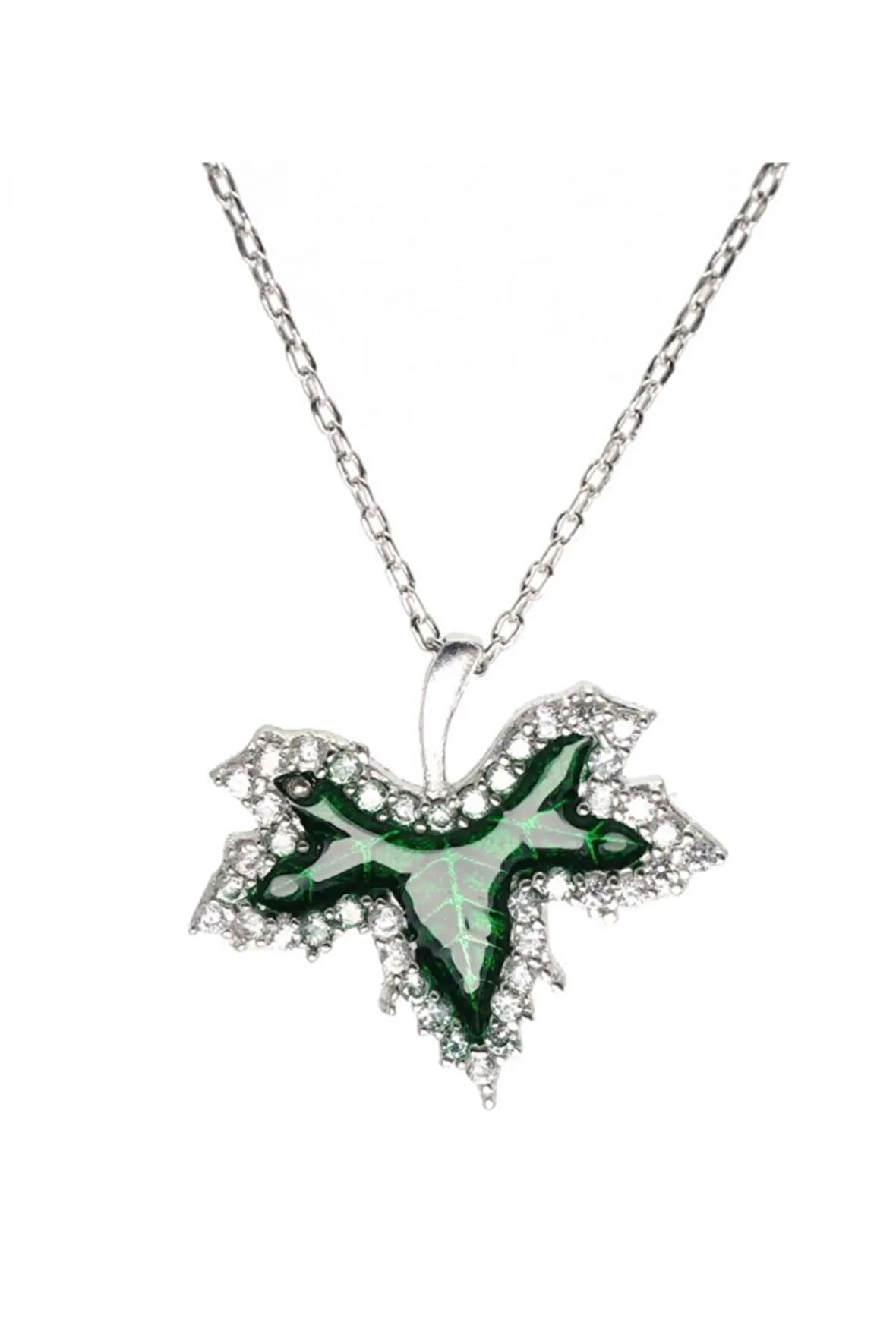 Yeşil Çınar Yaprağı Kadın Gümüş Kolye Orta Boy