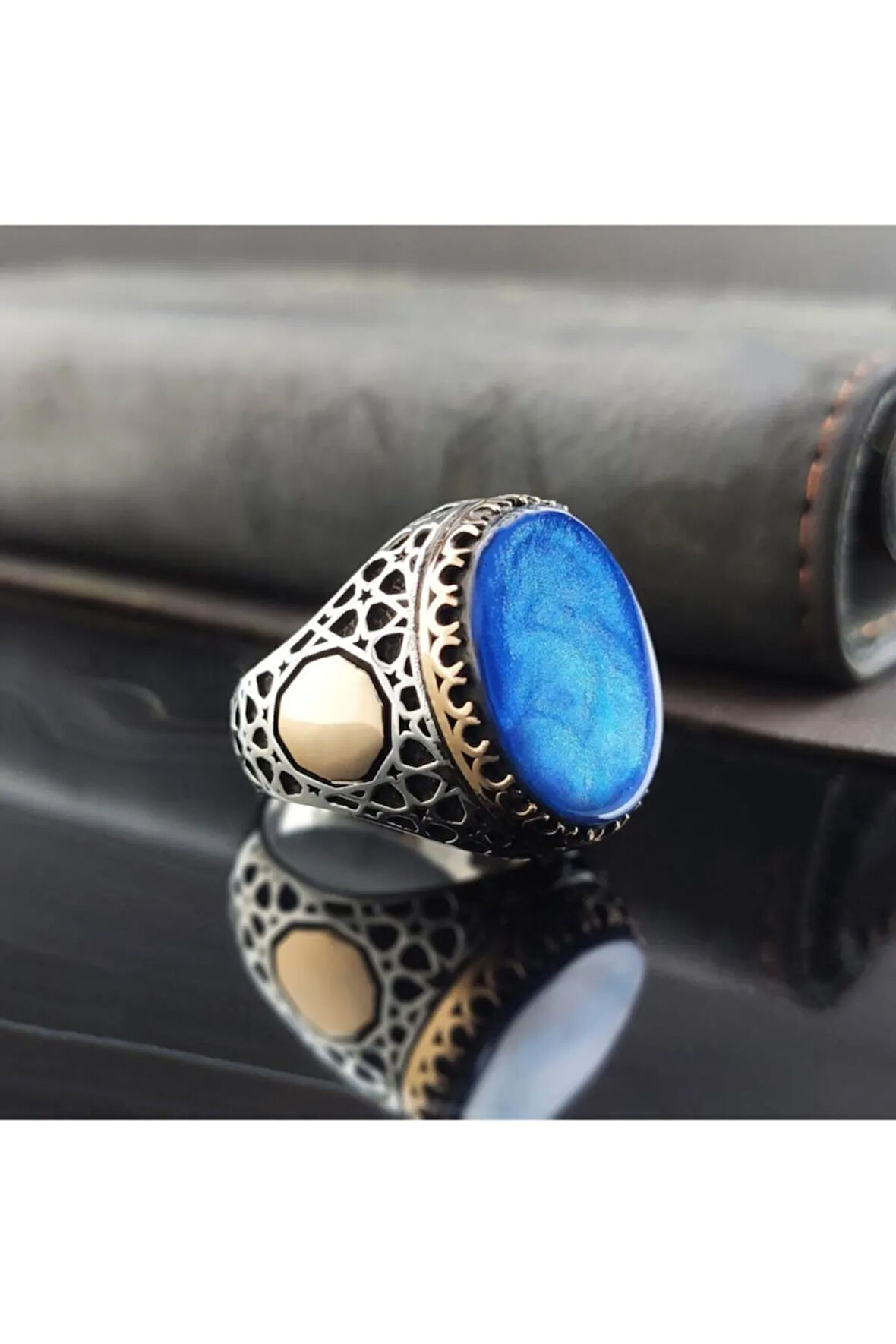 Damla Desenli Mavi Kehribar Taşlı Erkek Gümüş Yüzük