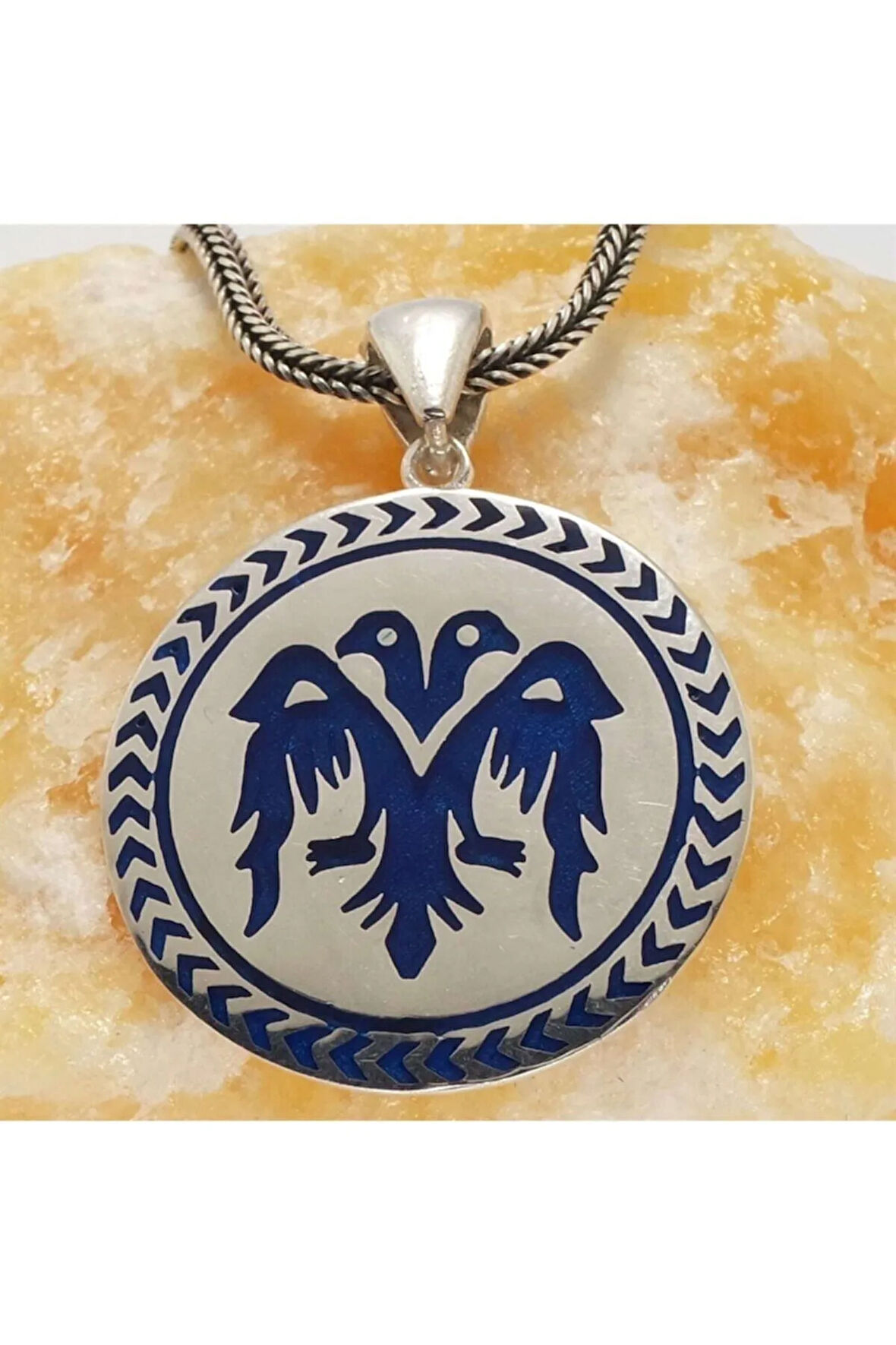Çift Başlı Kartal Mavi Renk Erkek Gümüş Kolye Zincir