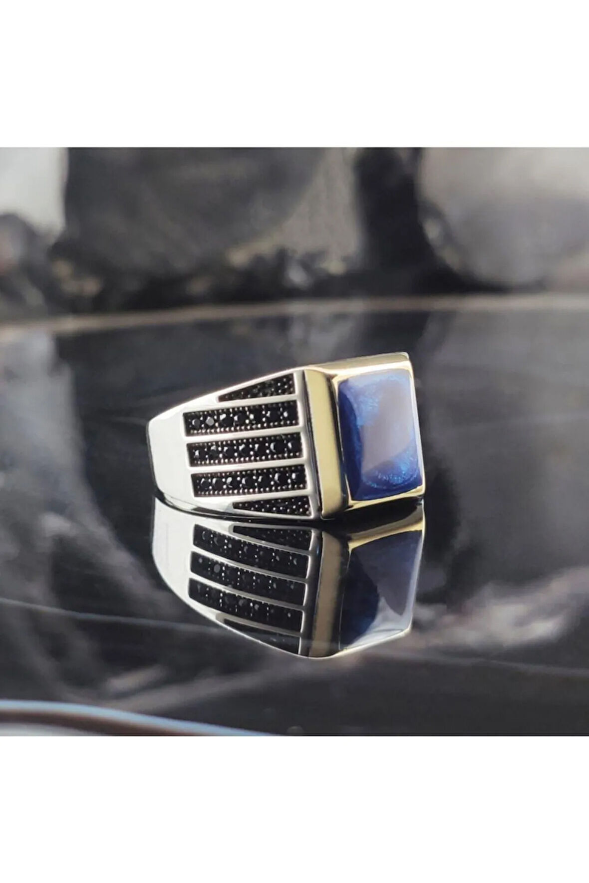 Mikro Taşlı Mavi Mineli Erkek Gümüş Yüzük Gyzgmsgumsp