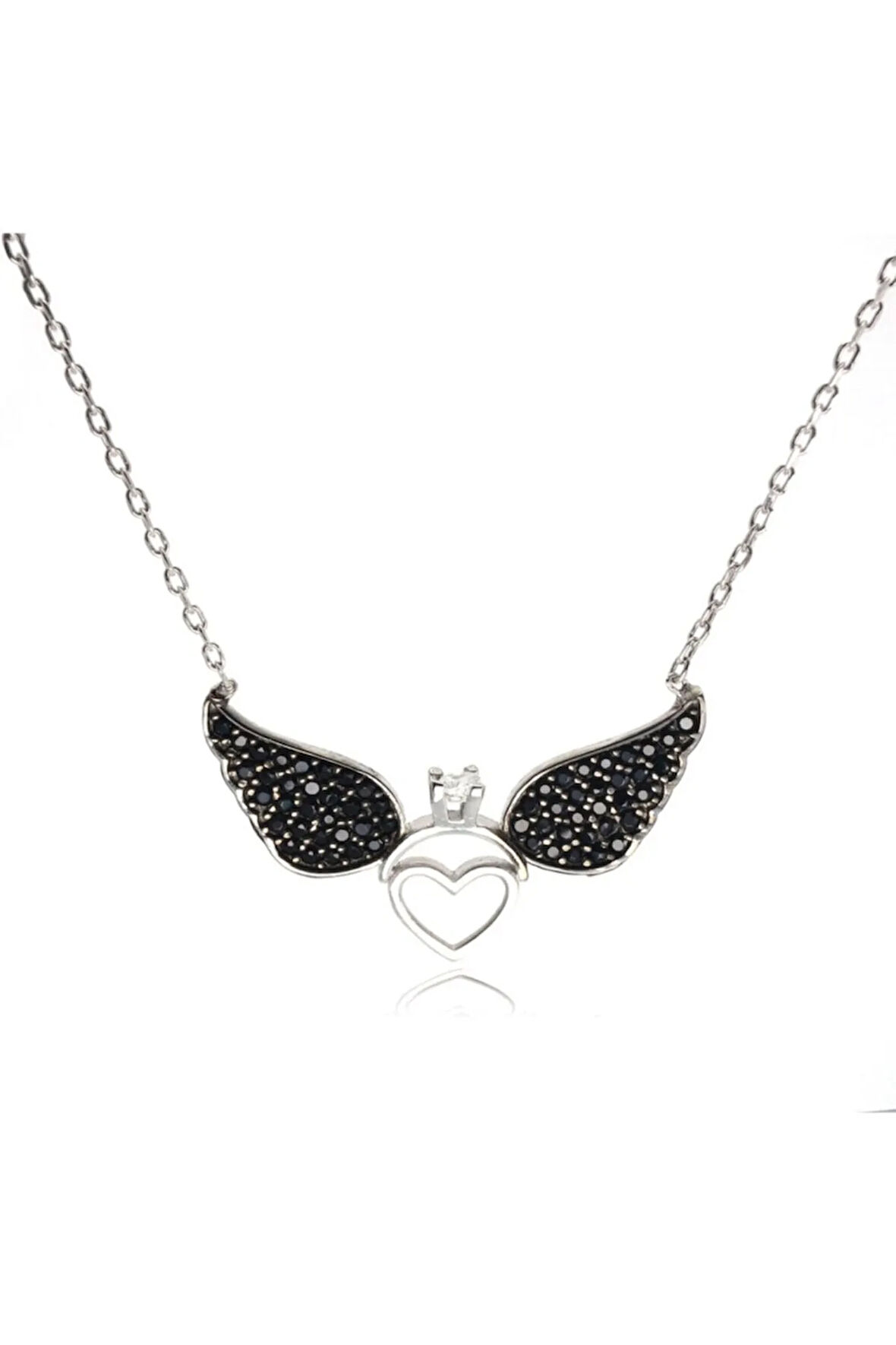 Siyah Tektaşlı Kanatlı Kadın Gümüş Kolye