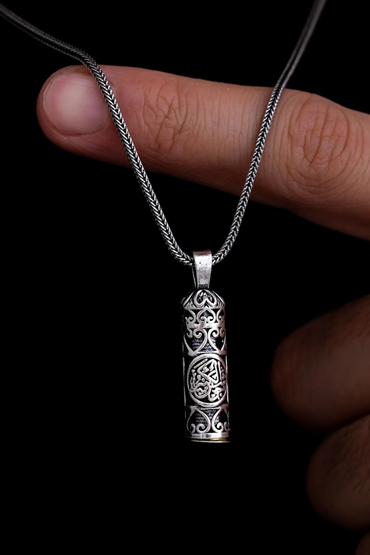 Hatlı Gümüş Erkek Cevşen Muska Kolye Zincir
