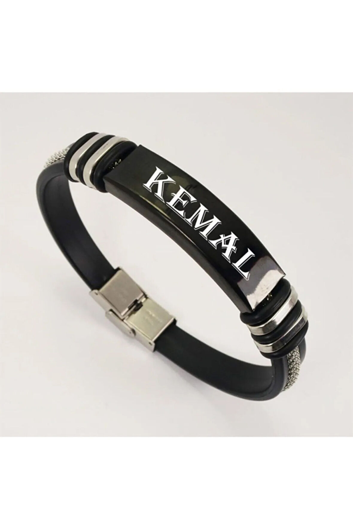 Isimli Erkek Çelik Kauçuk Bileklik Künye Siyah Model Çelik Zincirli