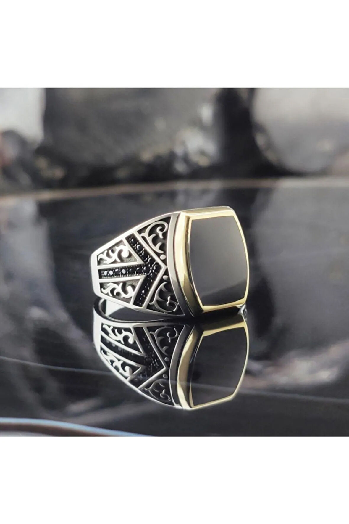 Mikro Taşlı Siyah Mineli Erkek Gümüş Yüzük Gyzgmsgumso