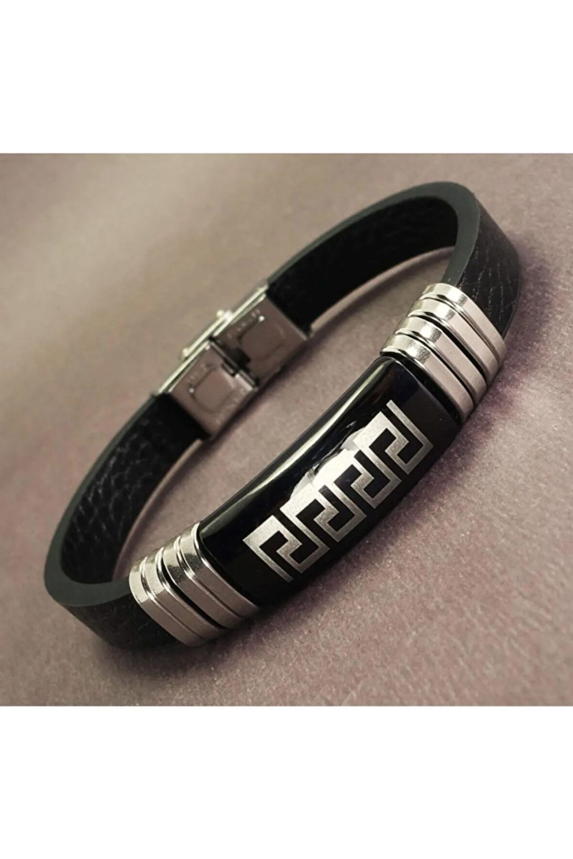 Ottoman Grek Motifli Suni Deri Çelik Erkek Bileklik