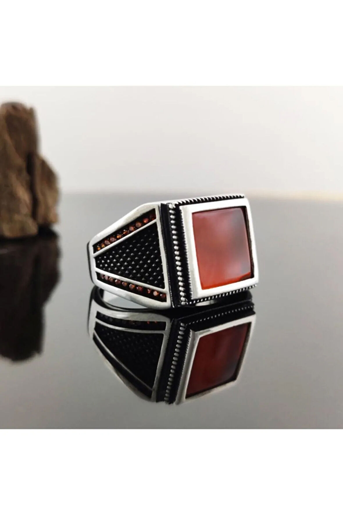 Kırmızı Akik Taşlı Gümüş Erkek Yüzük Gyzgmsgumse